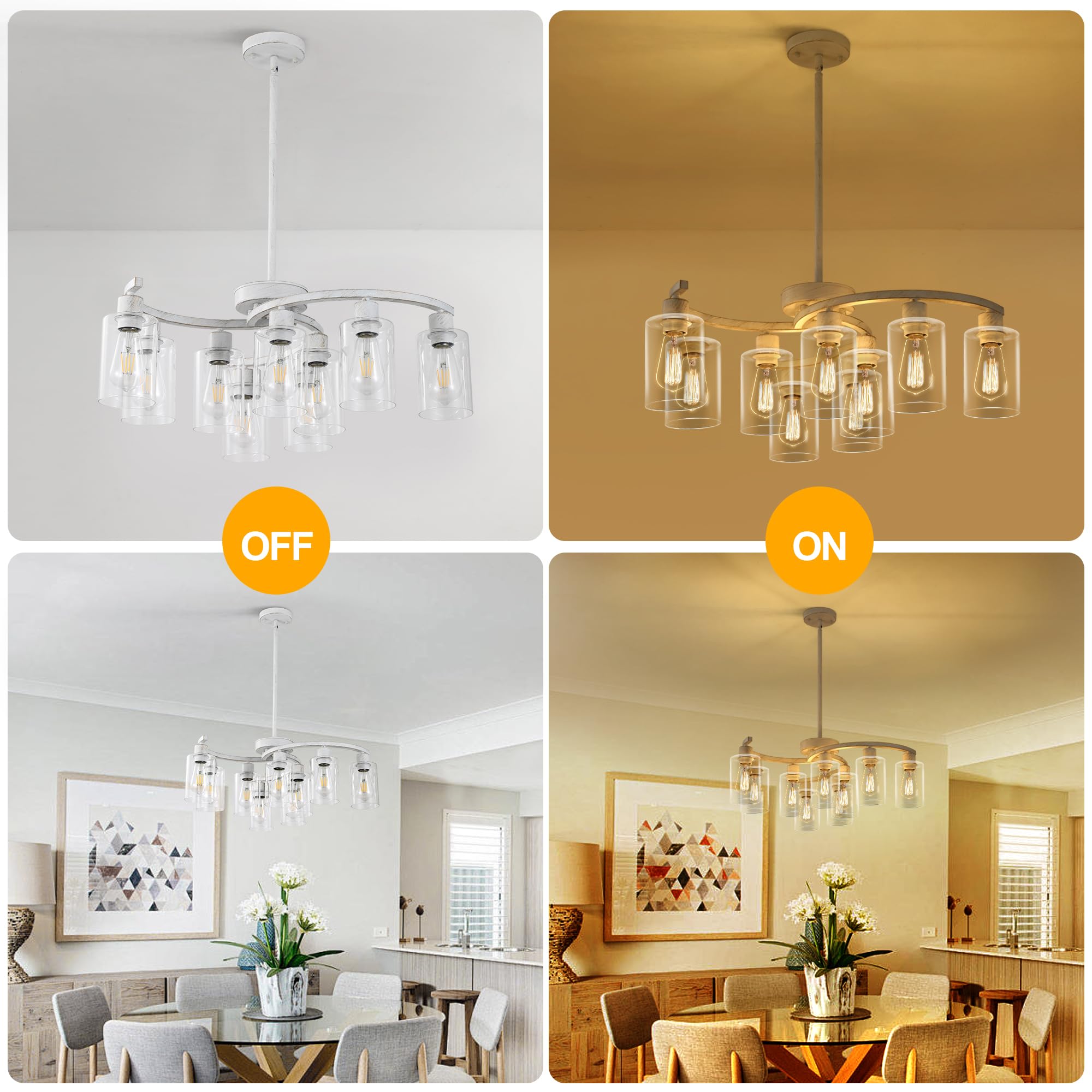 Cnratye 9-Light Antique White Chandelier With Clear Glass Shade, French Country Chandeliers For Dining Room, Adjustable Height H