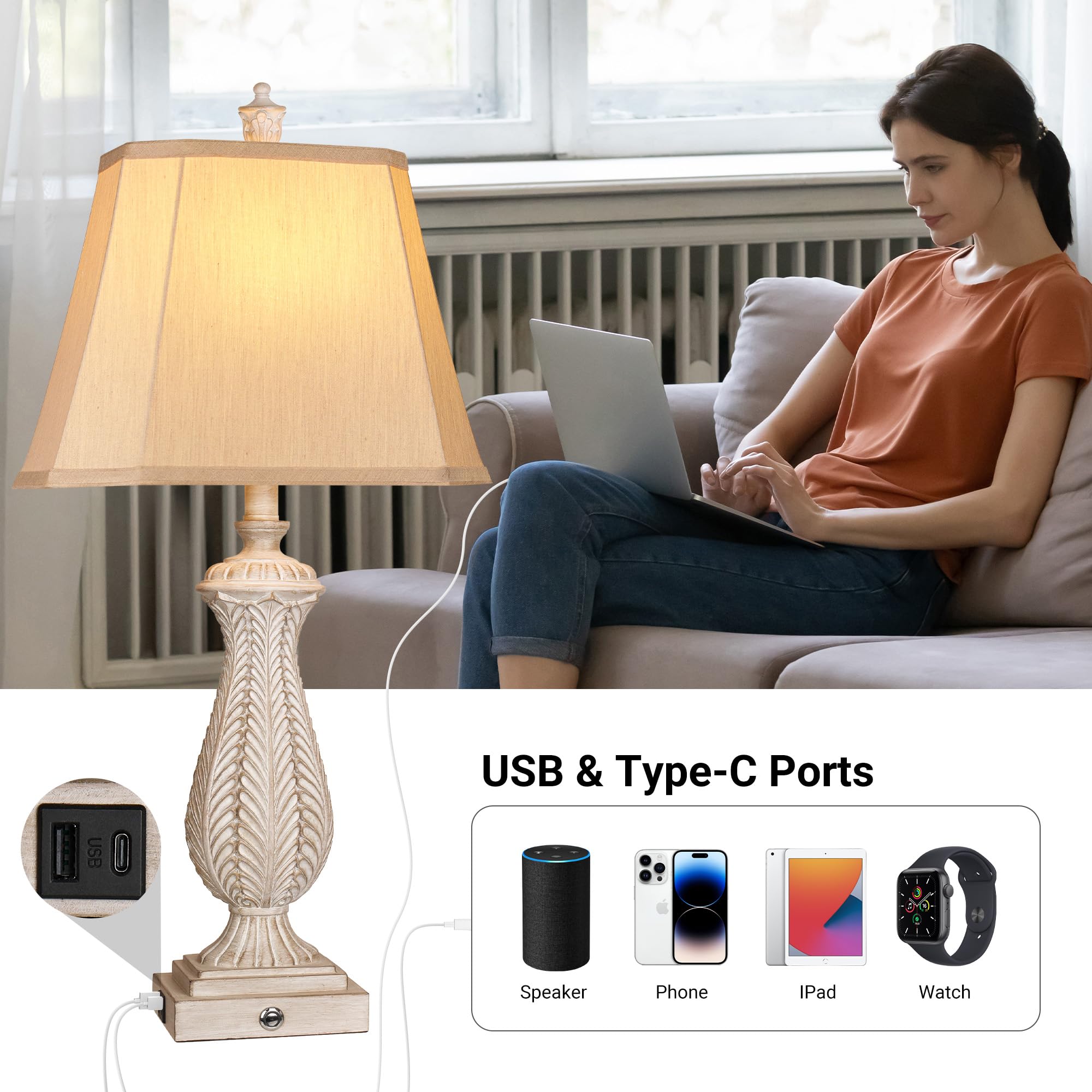WIHTU 3-Way Dimmable Table Lamps Set of 2, Light Wood Resin, 30in H with USB & Type-C Ports, Model STR-DL-0042