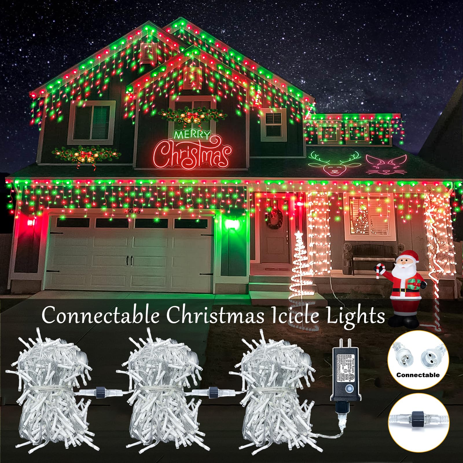 33Ft Red And Green Christmas Lights Outdoor, 400 Led Icicle Lights For Outside, Plug In Twinkle Lights Indoor With 8 Modes Timer