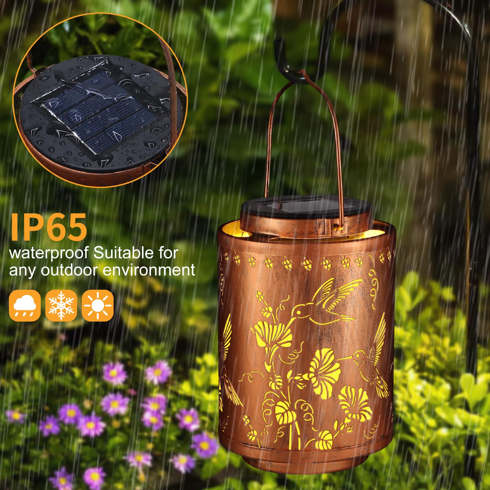 Tepaken Solar Lantern - Outdoor Waterproof Metal Hanging Light for Garden Decor, Hummingbird-205, Gold