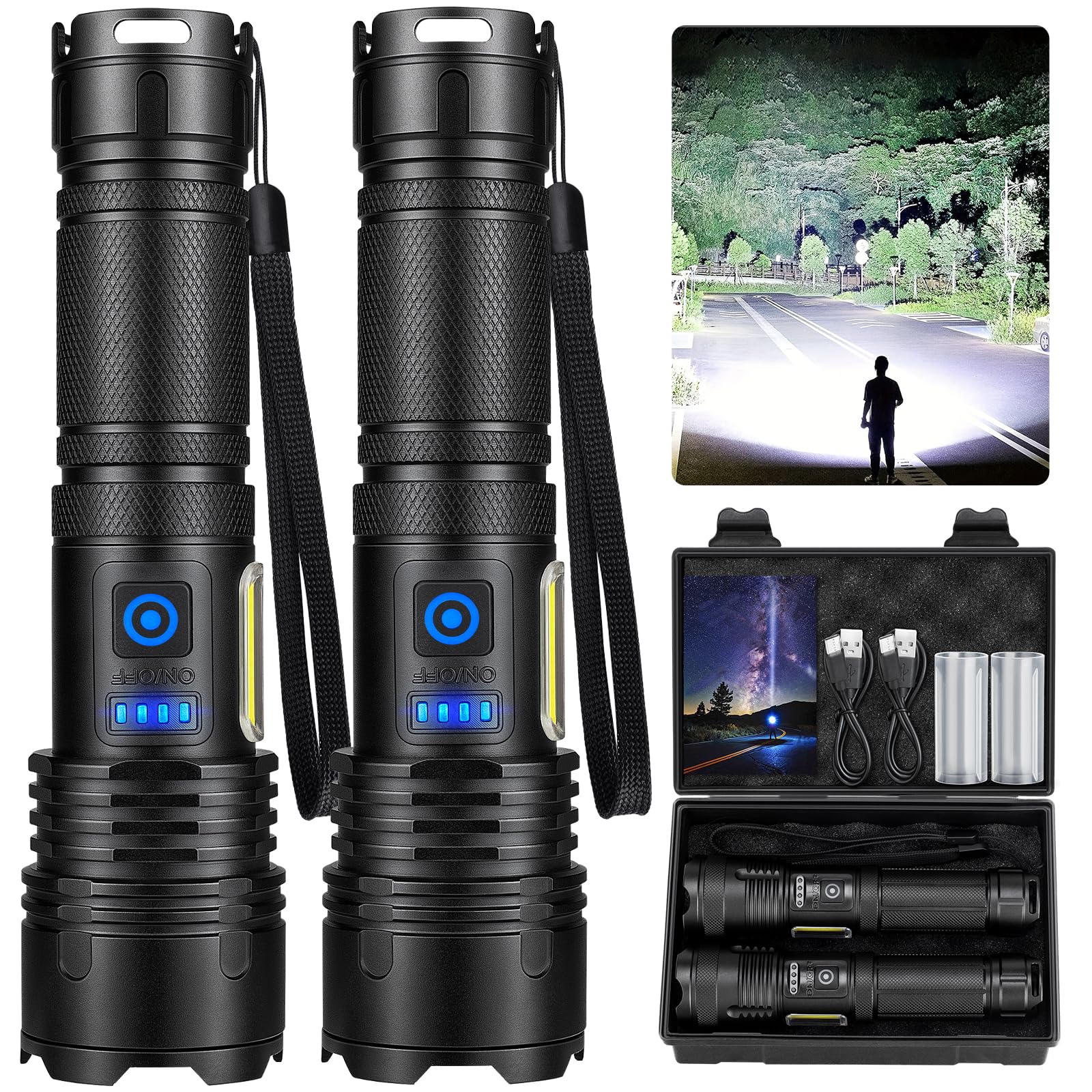 Cinlinso Rechargeable LED Flashlights High Lumens 2 Pack, 990000 Lumen Super Bright Flashlight, 7 Modes with COB Work Light, IPX
