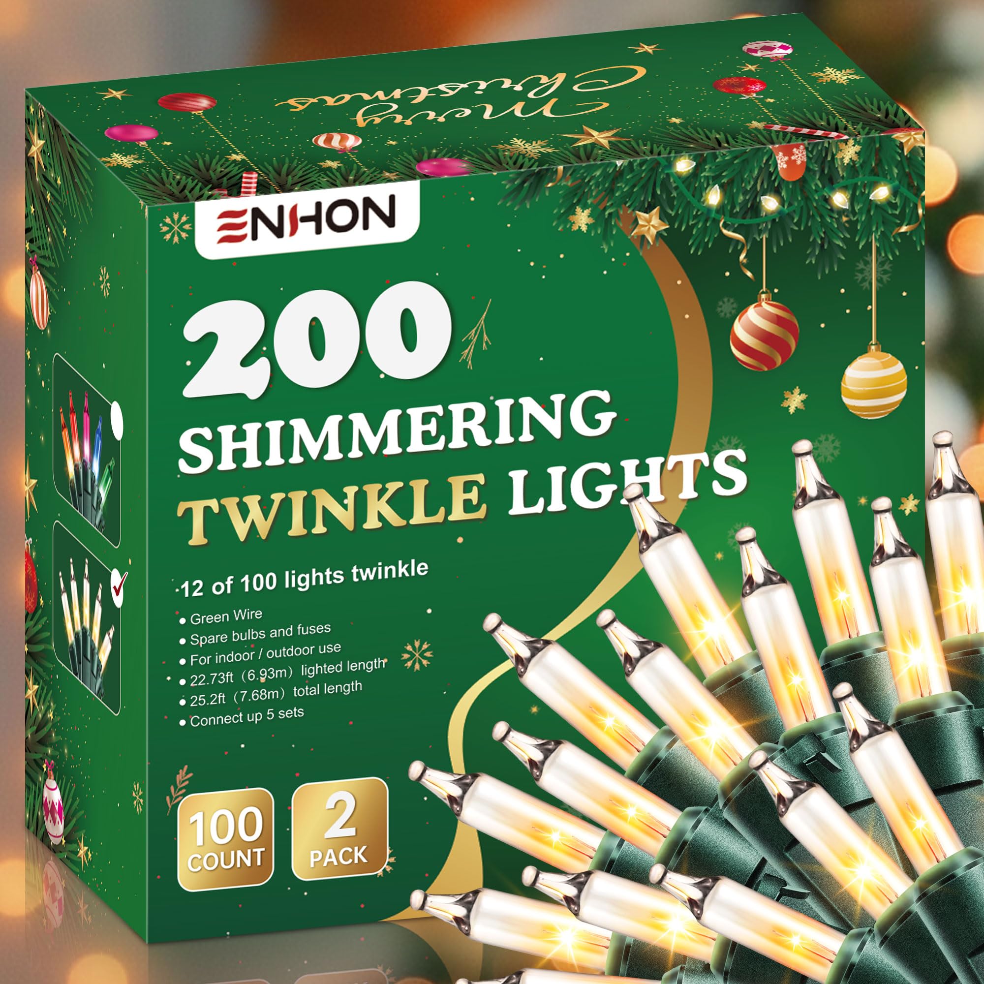 Enhon Twinkle Christmas Lights, 50.4 FT, 24 Random Twinkle Bulbs, IP44 Waterproof, White, Model LCH7-100L/2F