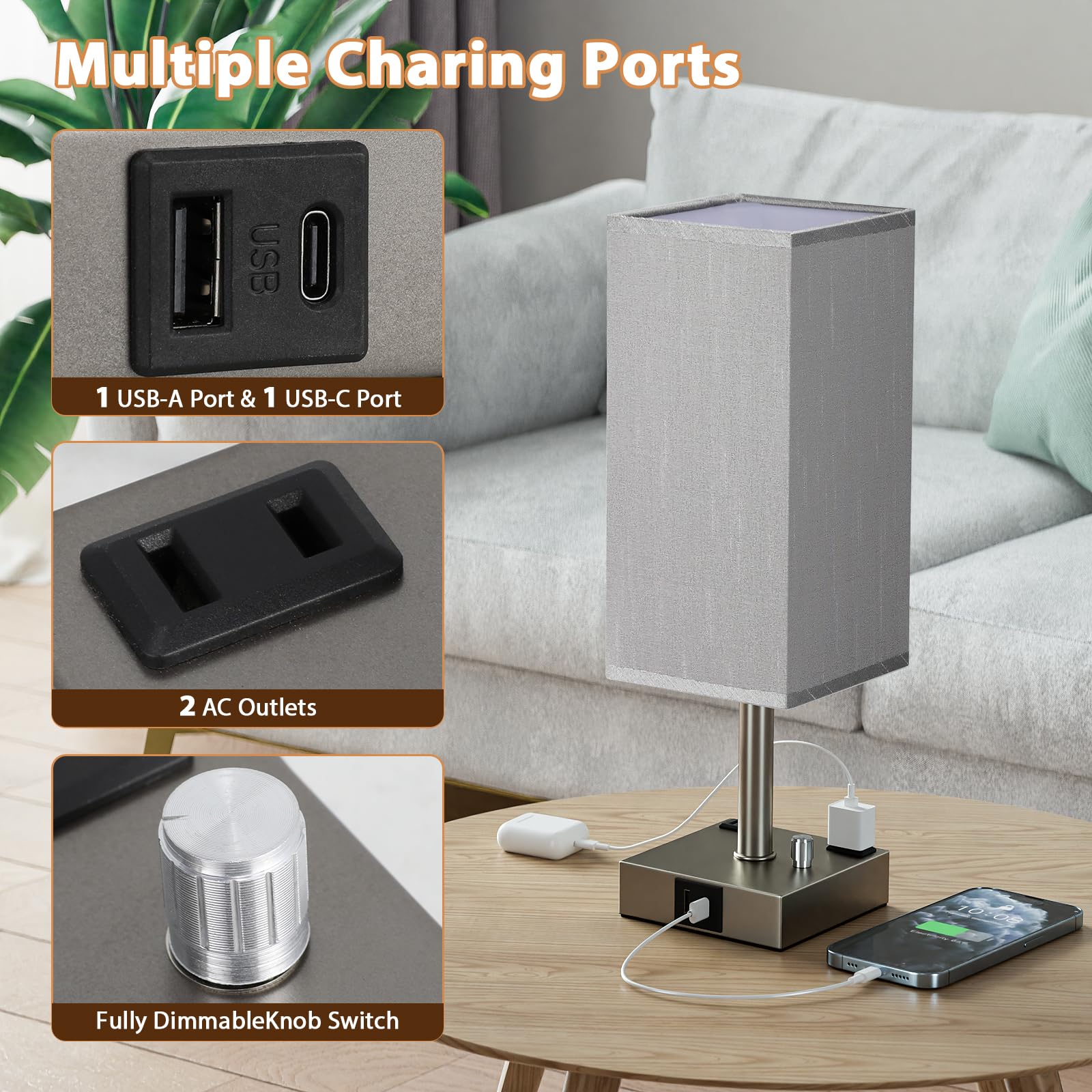 Grey Fully Dimmable Nightstand Lamps Set Of 2 - Table Bedside Lamp With Usb C+A Charging Ports & 2 Ac Outlets, Square Lamp Sets