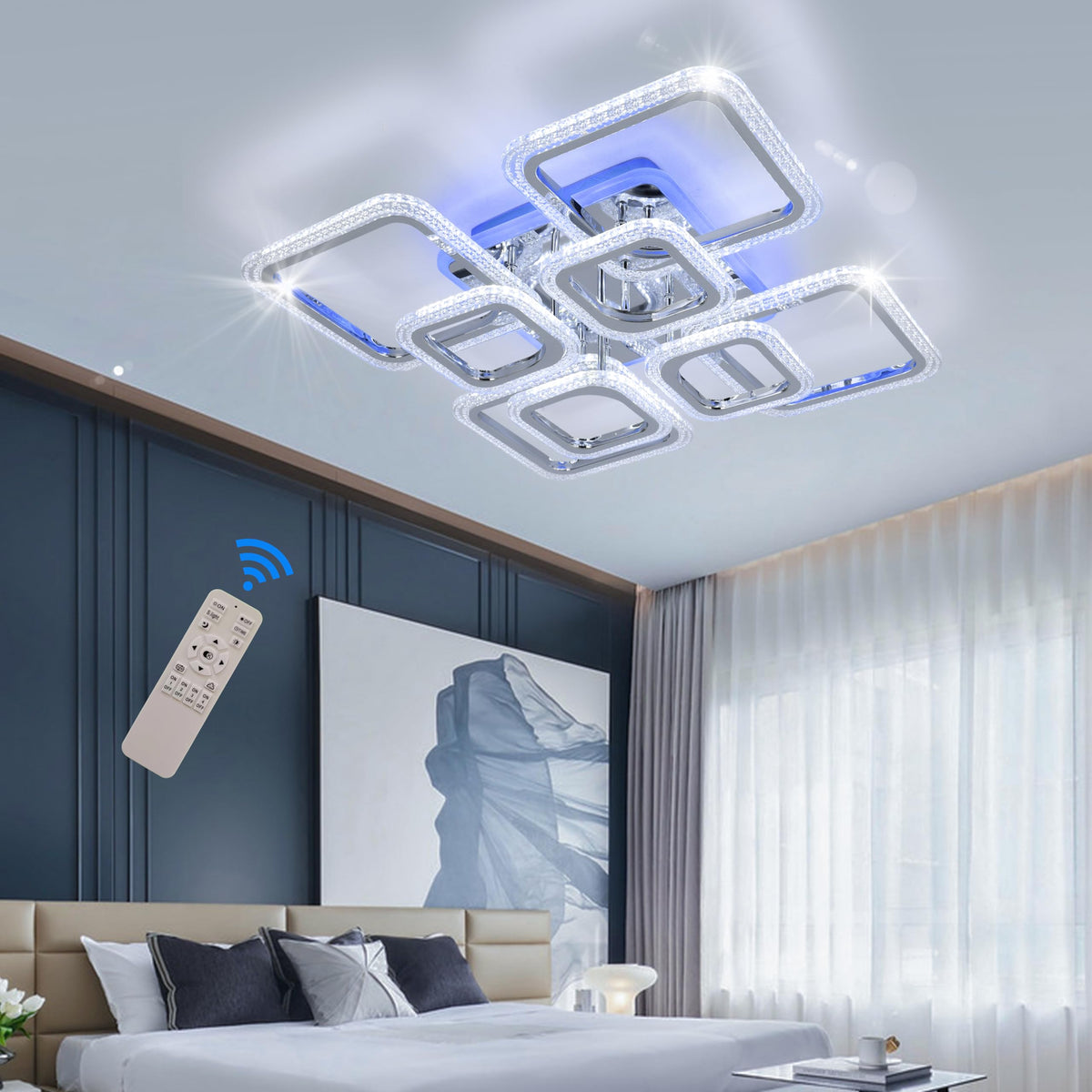 Stch Modern Led Ceiling Light Dimmable,23.6    Flush Mount Ceiling Light,8 Squares Chrome Acrylic Remote Control Chandelier Ligh