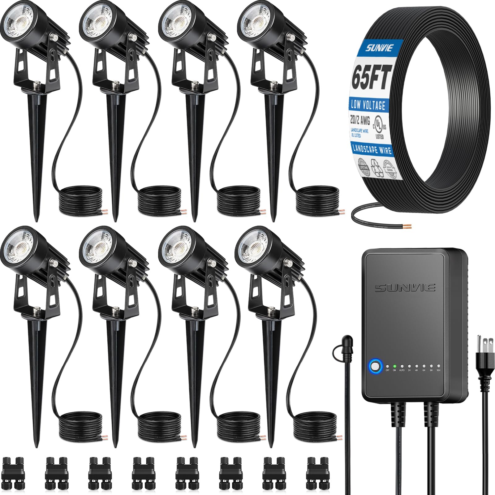 SUNVIE All-In-One LED Landscape Lighting Kit, 8-Pack Low Voltage Landscape Lights with Transformer and 65FT UL-Listed Wire, 3000