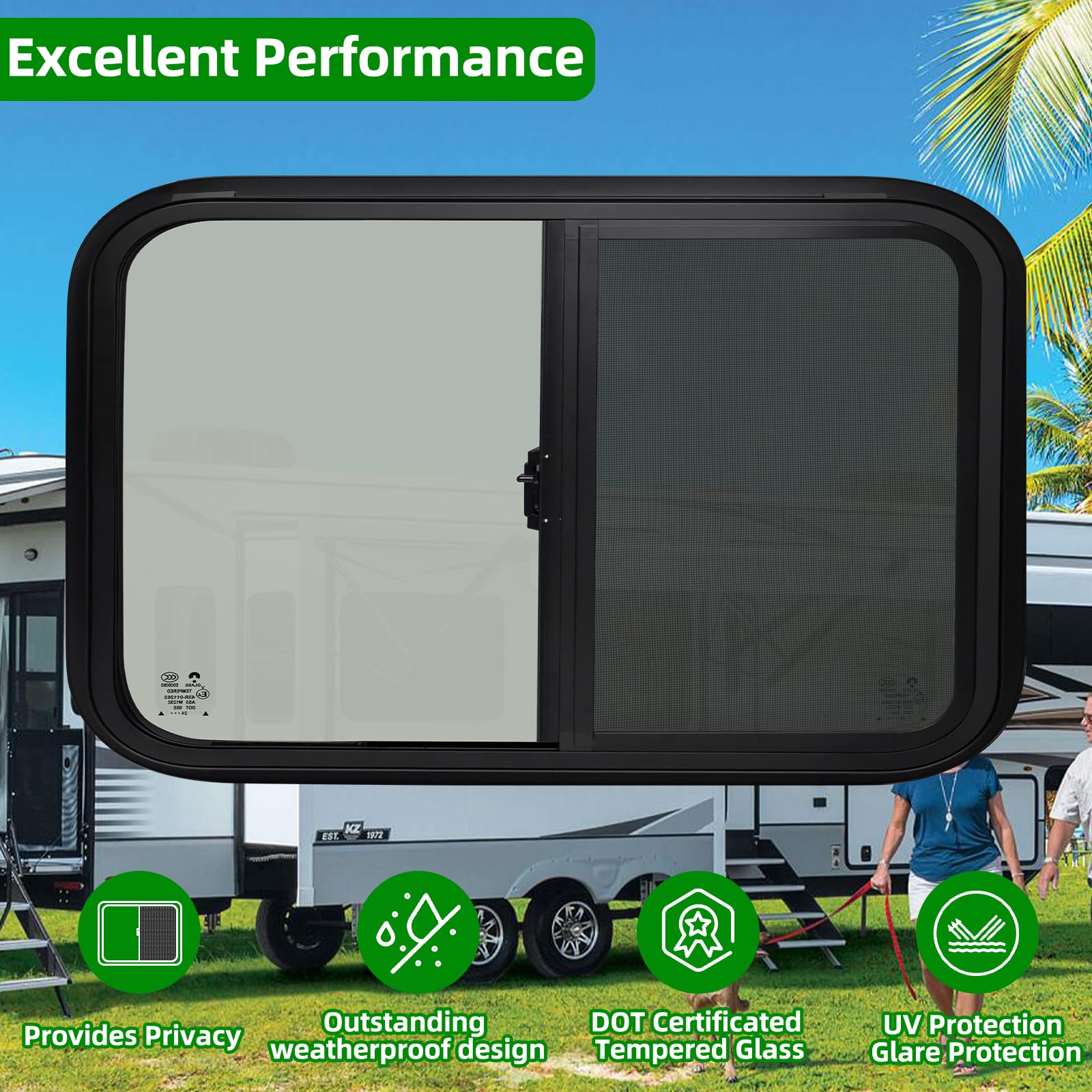 NOVINO RV Window - Horizontal Sliding Replacement for Trailer Camper, 30inW x 20inH, Black, Model NRW-005, with Screen & Trim Ring