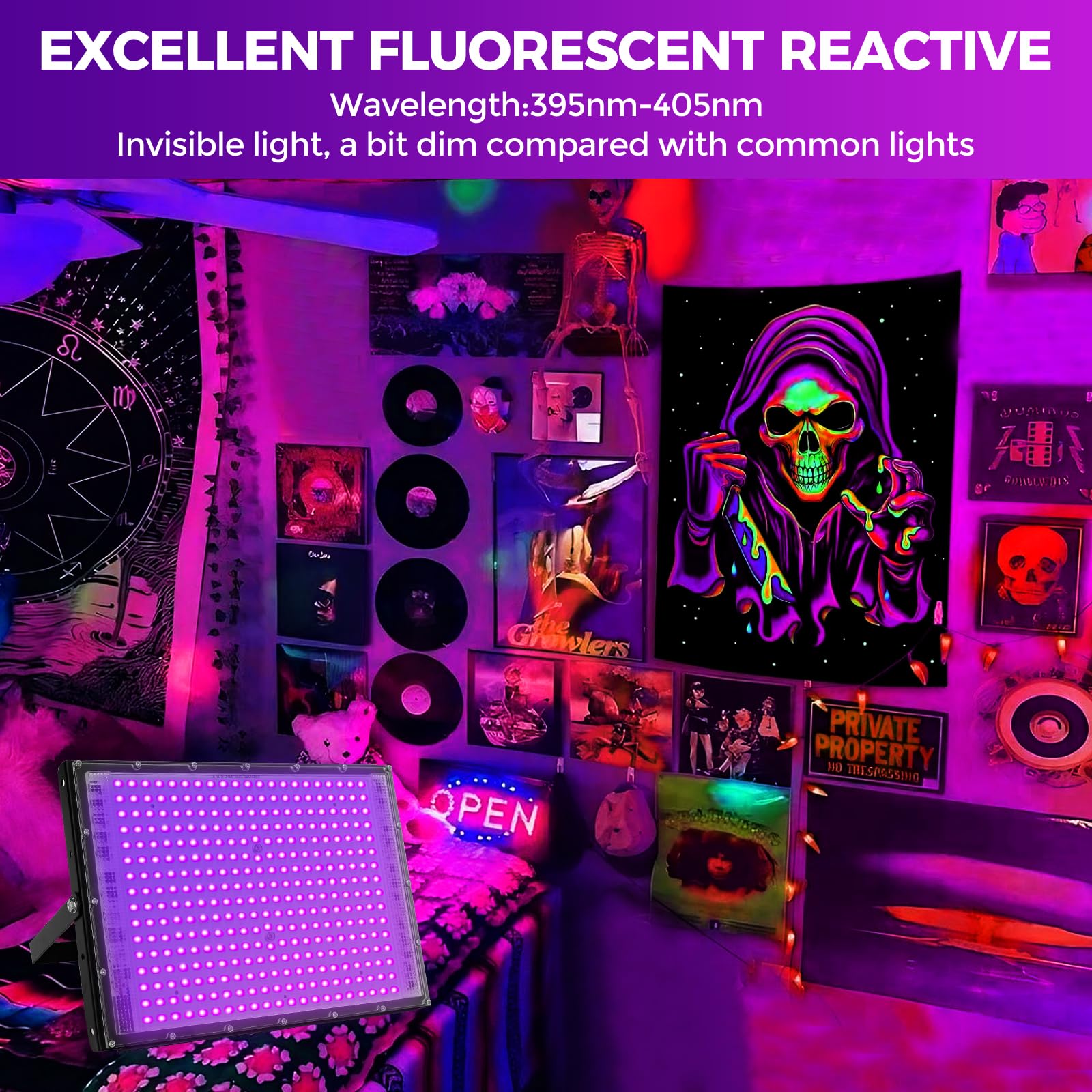 Waygor 300W Led Black Lights For Glow Party, Halloween Black Light Flood Light Ip65 Waterproof 395Nm Uv Blacklight Floodlight Purple Black Light Spotlight Fluorescent Uv Light Lamp For Decor (4 Pack)