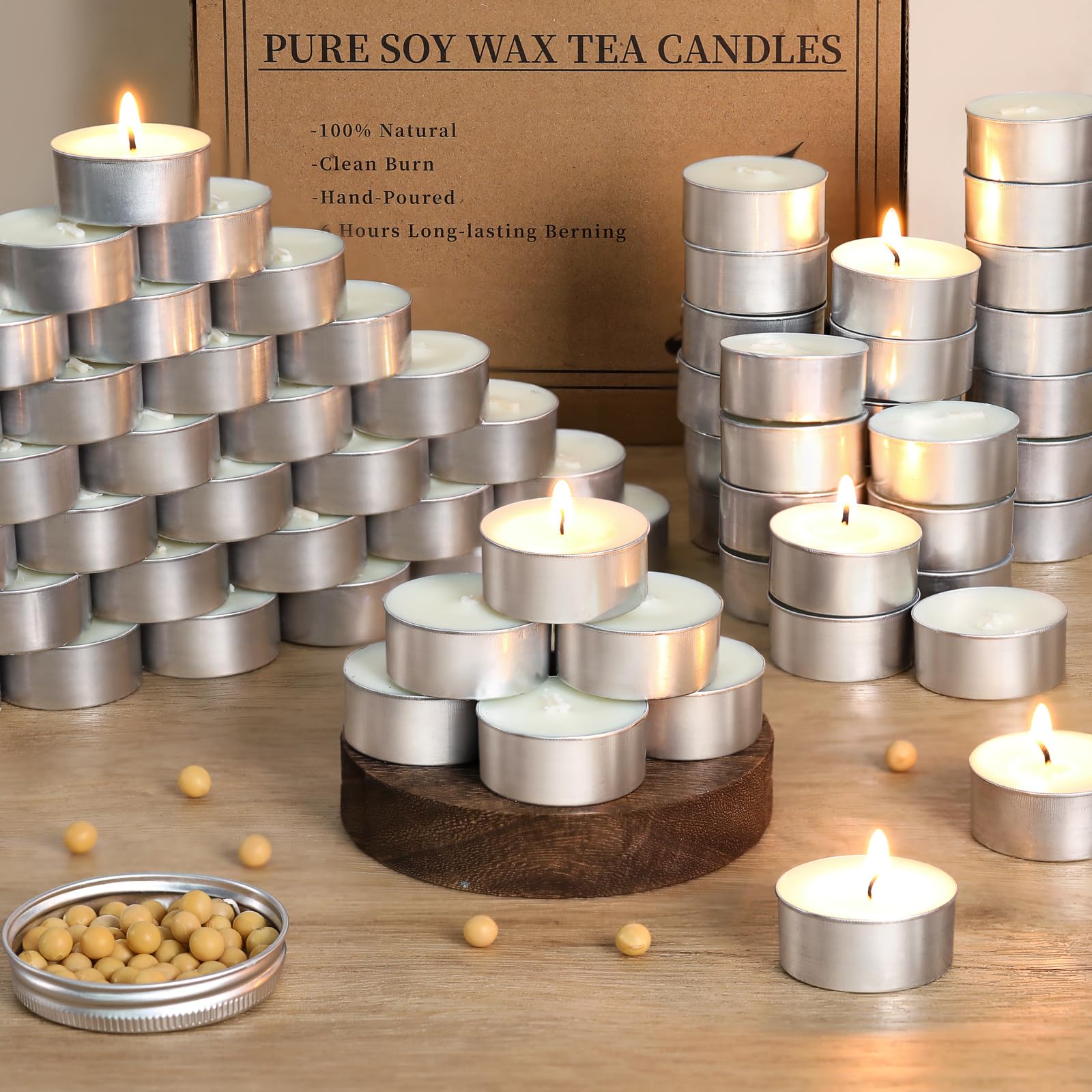 Soy Wax Tealight Candles | 100 Pack- 6 Hours Long Burning Tea Candles, 100% Natural Soy Wax Tea Lights Candles | Paraffin-Free, 