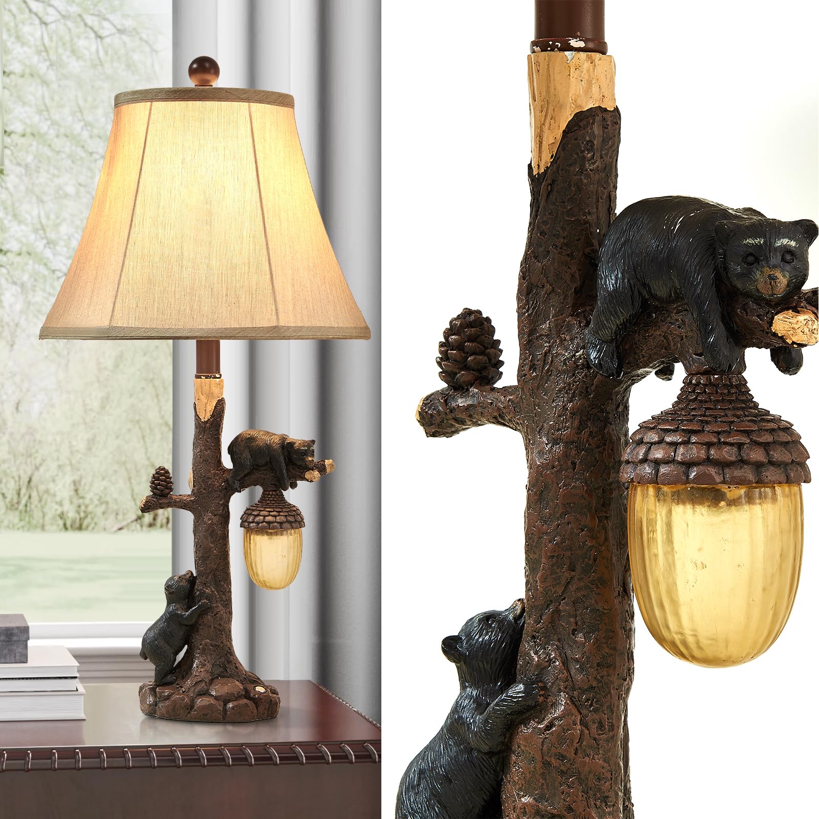 LOKHOM Rustic Bear Table Lamp Set of 2, 26" Touch Control, USB & Type C, Brown Resin for Bedroom, Living Room, Office