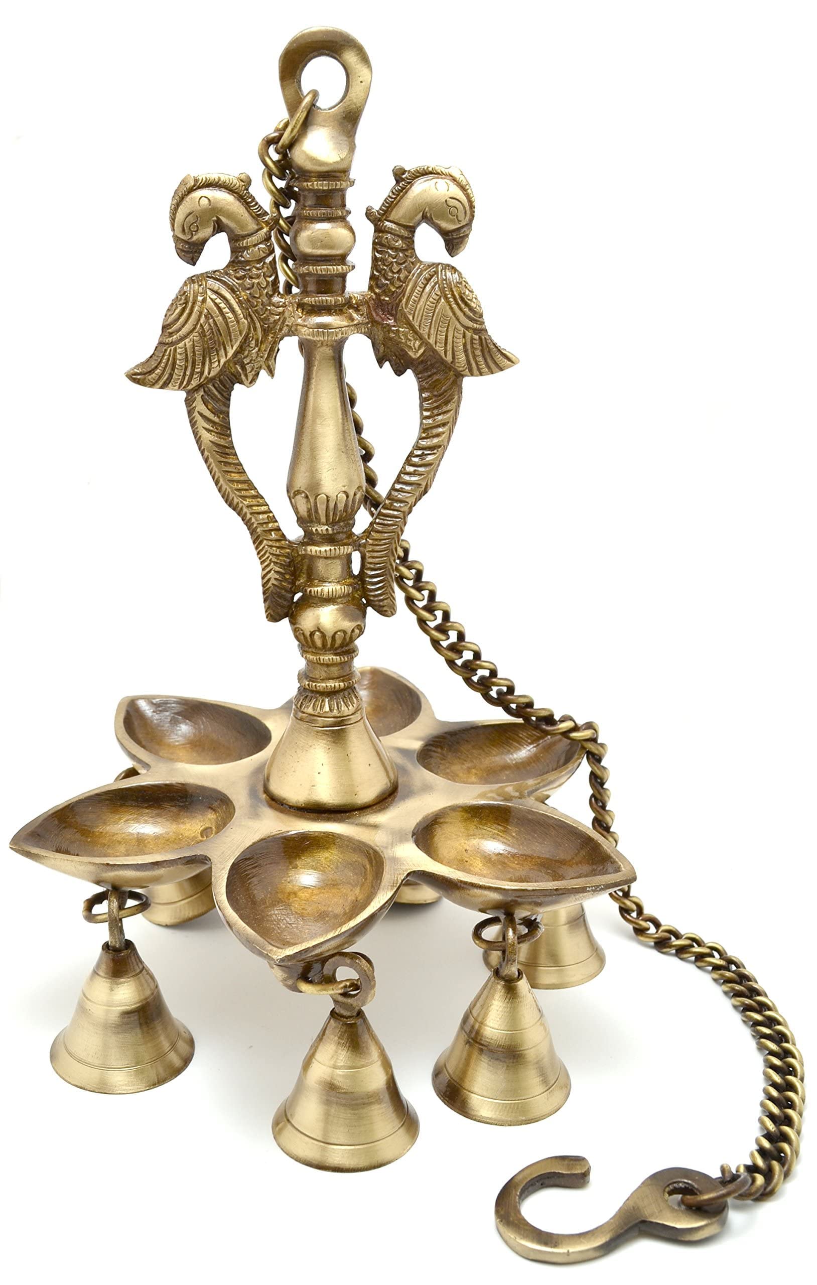Two Moustaches Twin Peacock Design Brass Hanging Diya, Hanging Diyas for Decoration, Standard, Pack of 1