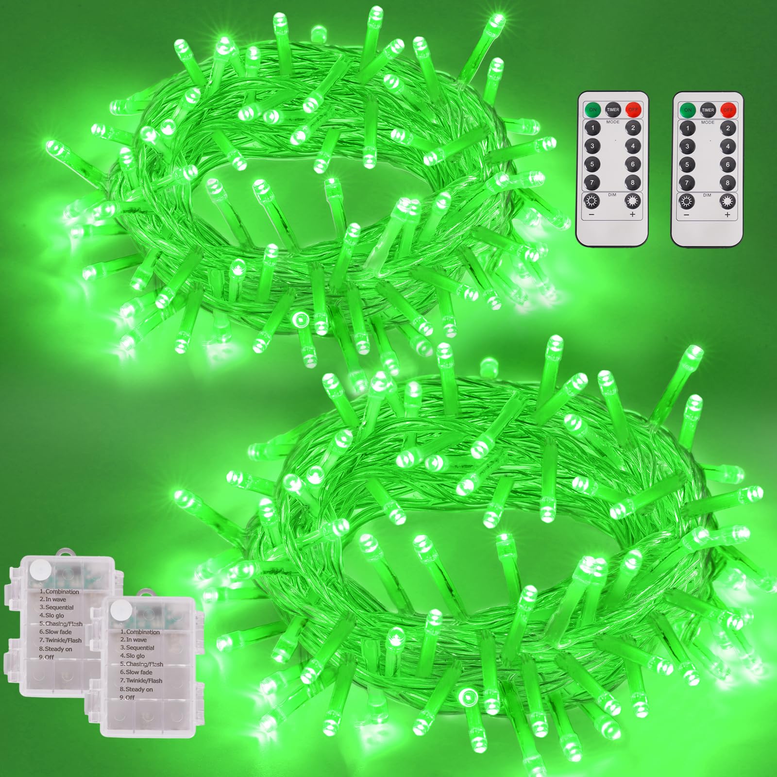 YEGUO Christmas Lights Battery Operated, 2 Pack Each 33ft 100 LED Green String Lights Outdoor Waterproof, Clear Wire Fairy Light