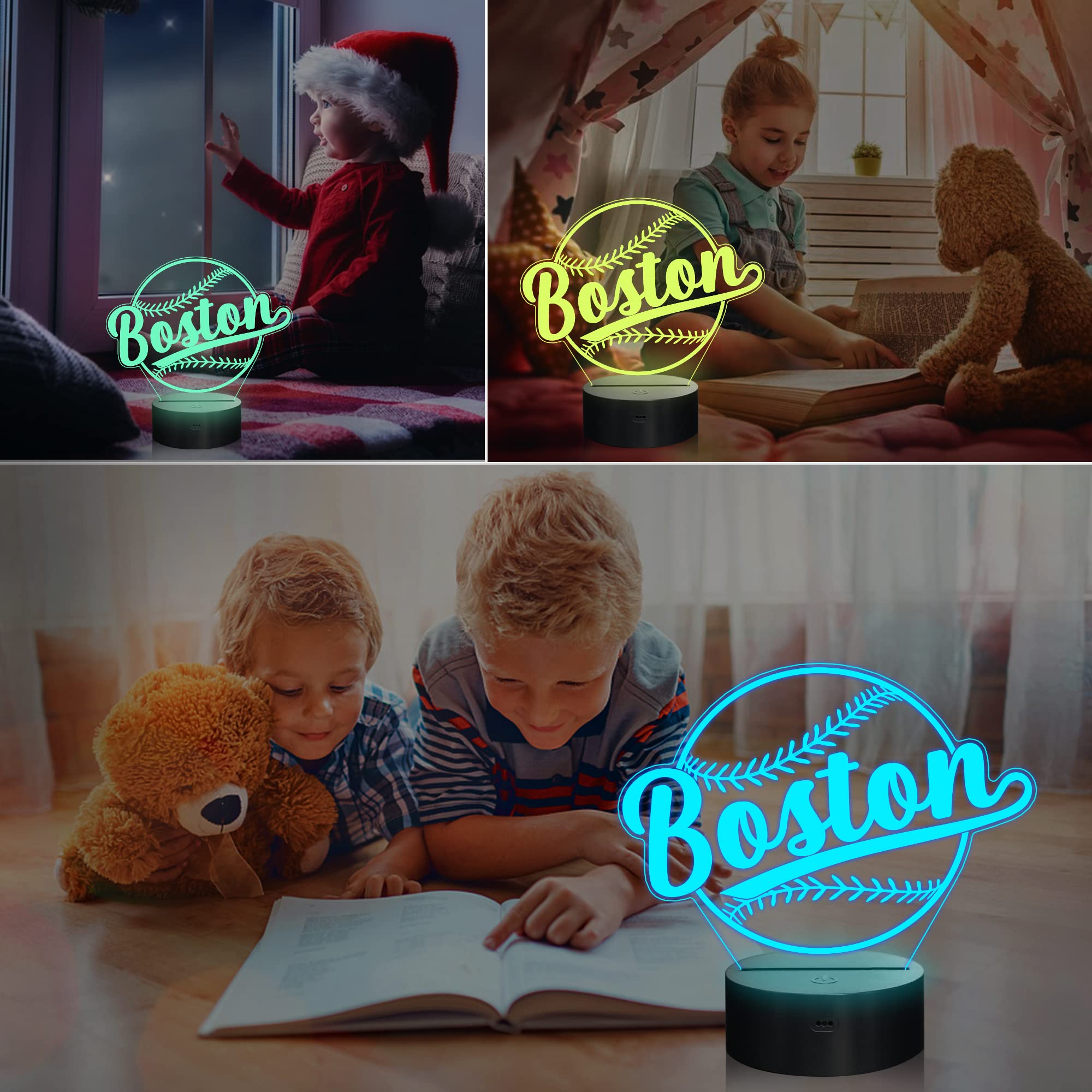 Lightzz 3D Illusion Lamp - Baseball Night Light with Remote Control, 16 Colors, Acrylic Decor, Model FS-xxxyyy, Boston Color