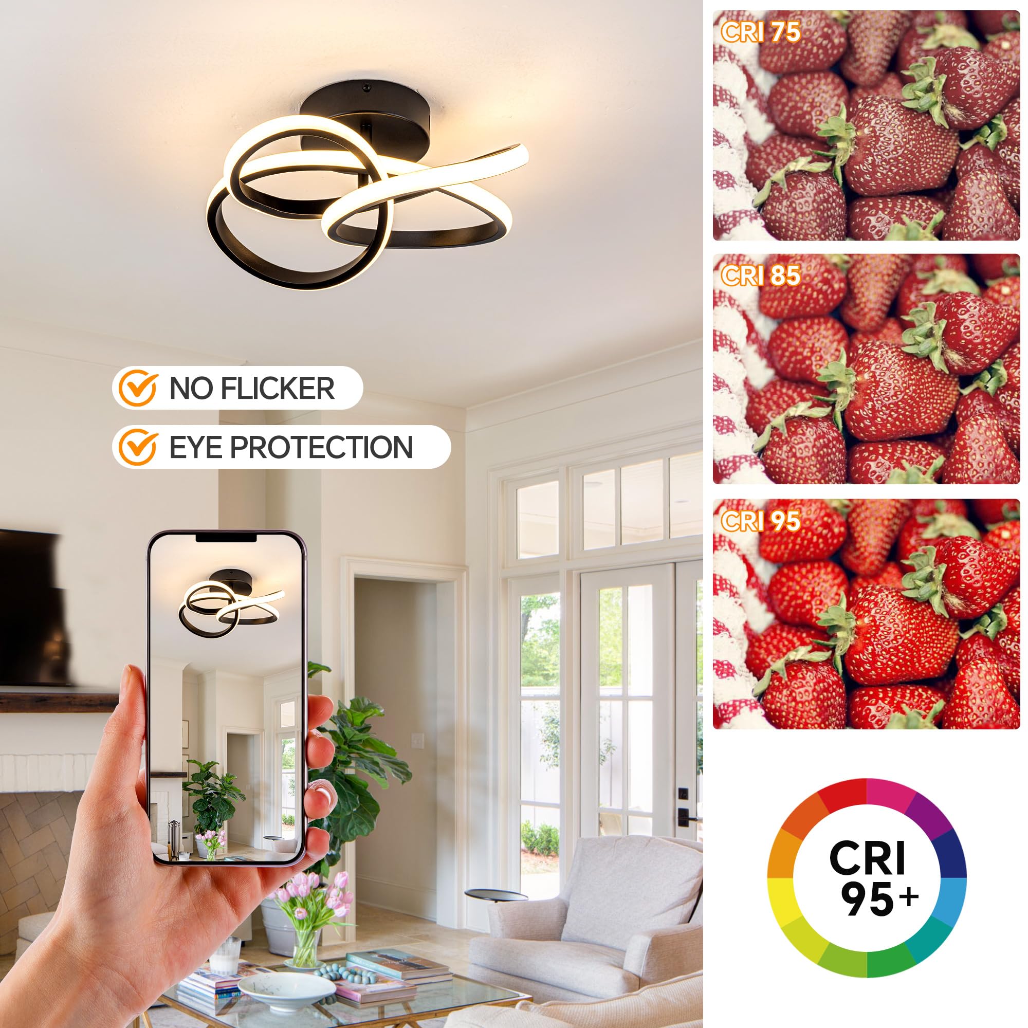 TIAZFCA Modern Ceiling Light, 36W LED Dimmable Ceiling Light with Remote Control, 3000-6000K Color Temperature Changing, Balck S