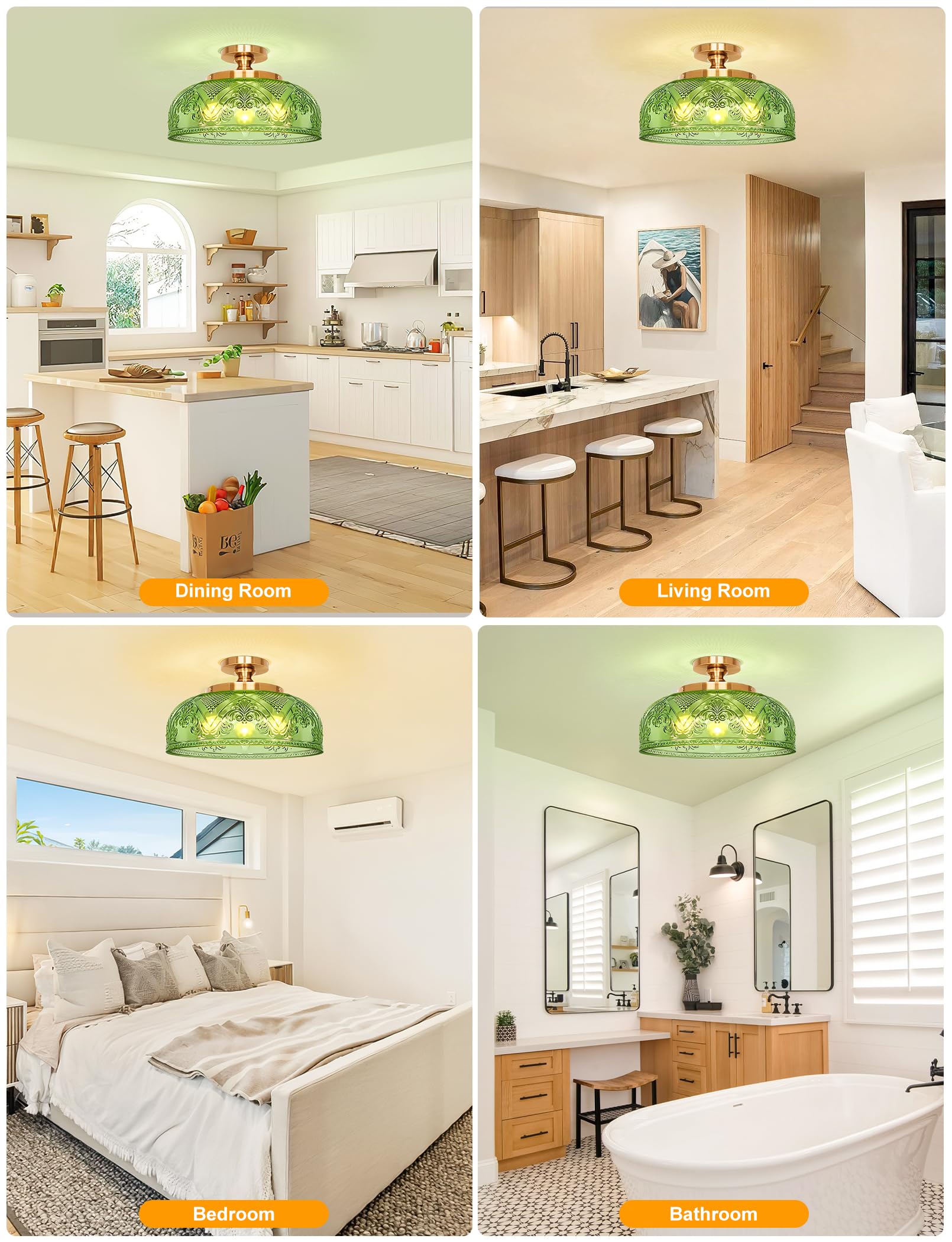 Slypadan Green Semi Flush Mount Ceiling Light  12 Inch Large Ceiling Light Fixture Gold  3-Light Globe Glass Farmhouse Kitchen Lighting Fixtures For Bathroom  Hallway  Dining Room (Bulb Not Included)