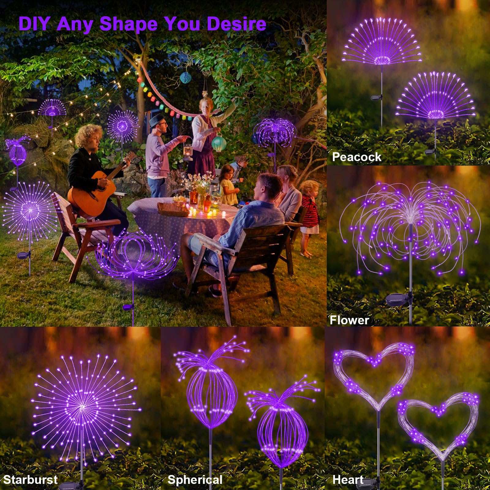 YaaFen Solar Firework Lights, 120 LED, 2 Pack, Waterproof, Purple, Outdoor Decorative Garden Lights