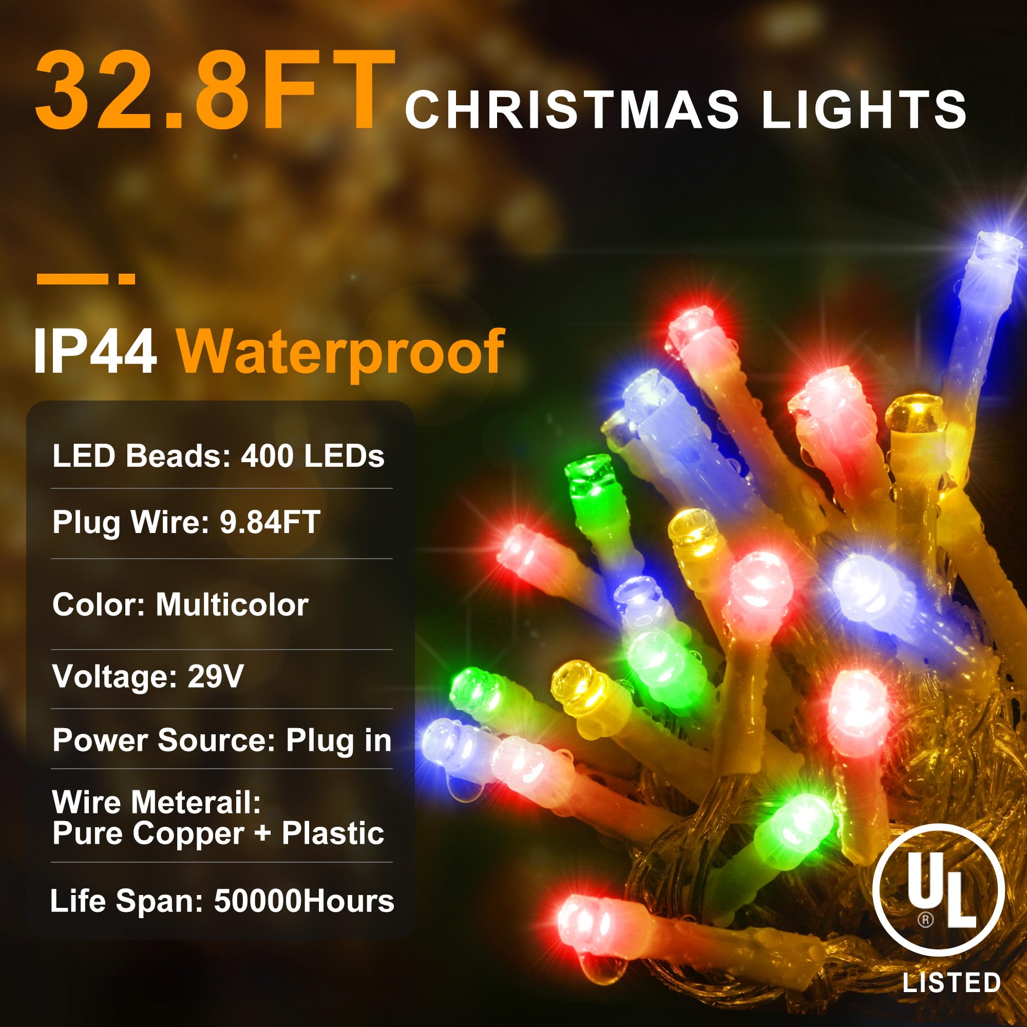 KNONEW Christmas Lights Outdoor Decorations 400 LED 33ft Multicolor Fairy String Light, 8 Modes, Clear Wire for Indoor/Outdoor Use