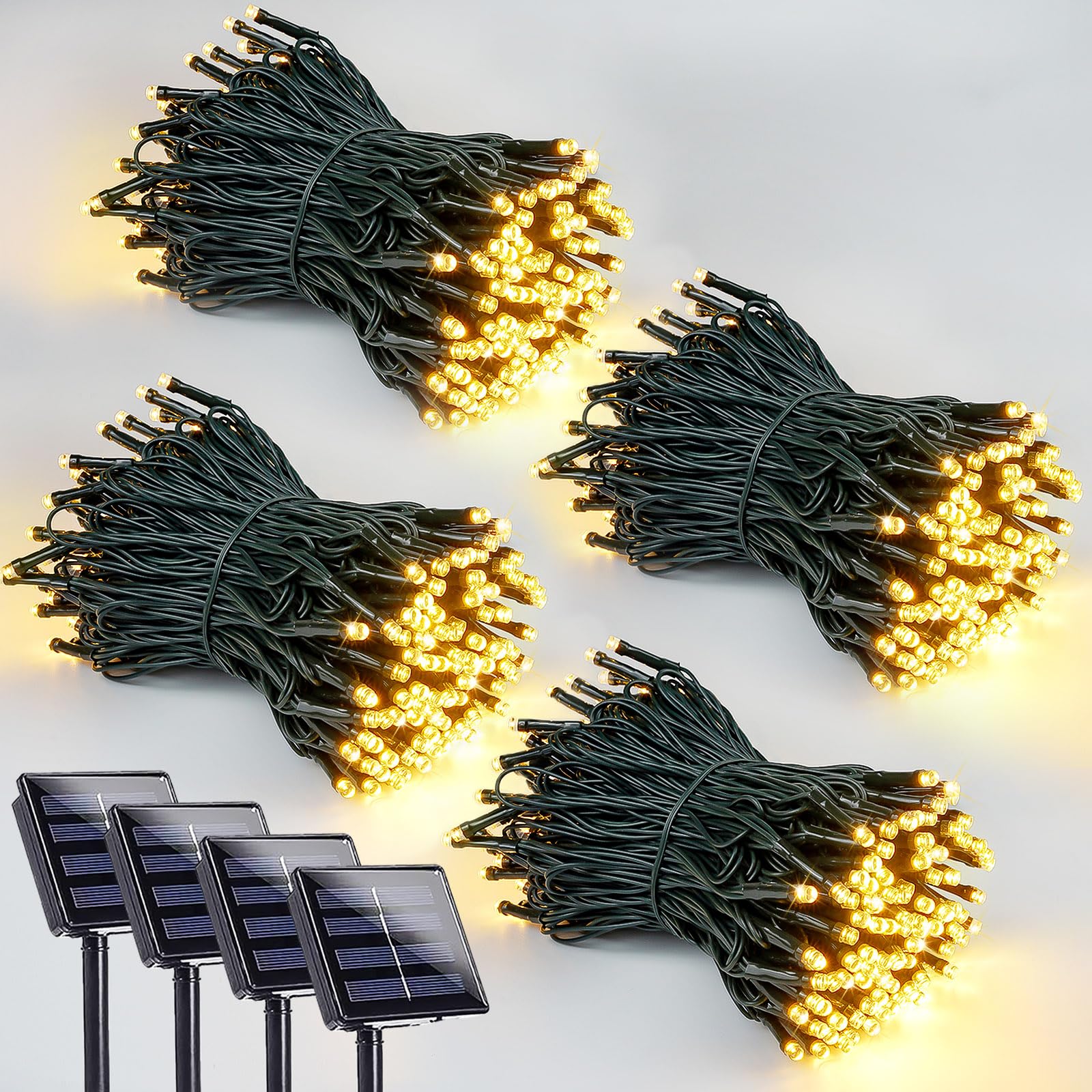 EEW 4 Pack Solar String Lights, Warm White, Waterproof, 8 Lighting Modes, Copper, Model CAIYUAN-100