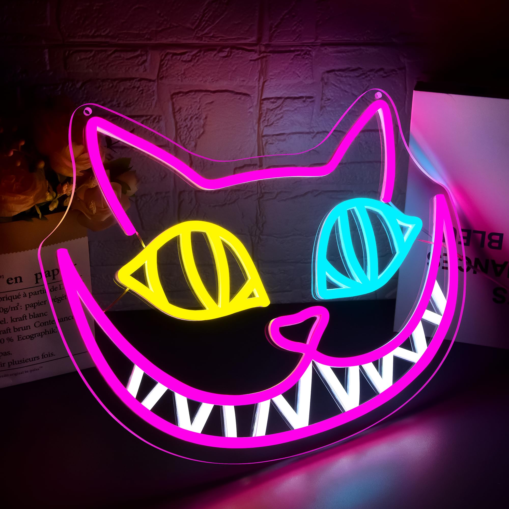 DYUAI Cat Neon Sign - Dimmable LED Wall Decor, Acrylic, 13.7"x10.3", Rose Red+Lemon Yellow+Ice Blue, Ideal for Living Room, Man
