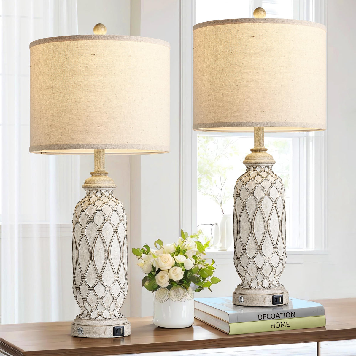 Srjjrs Farmhouse Table Lamps For Bedroom Set Of 2, 28&quot; Rustic Bedside Lamp With Usb Ports, 3-Way Dimmable Nightstand Table Lamp For Living Room With Linen Drum Shade (Bulbs Included)