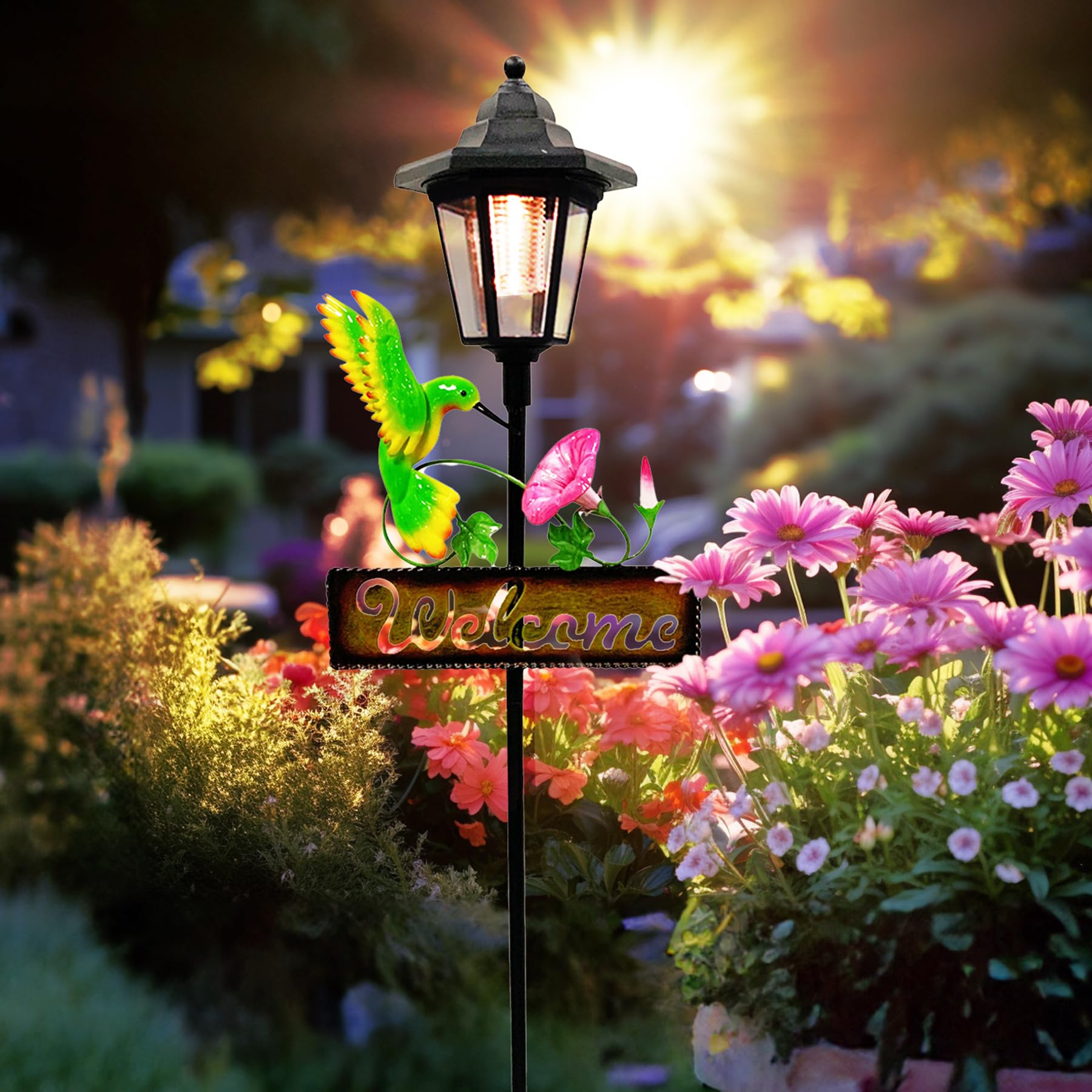 Crosslight Solar Led Hummingbird Welcome Sign - Weatherproof Garden Stake Light For Outdoor Decoration - Decor For Yard, Lawn, P