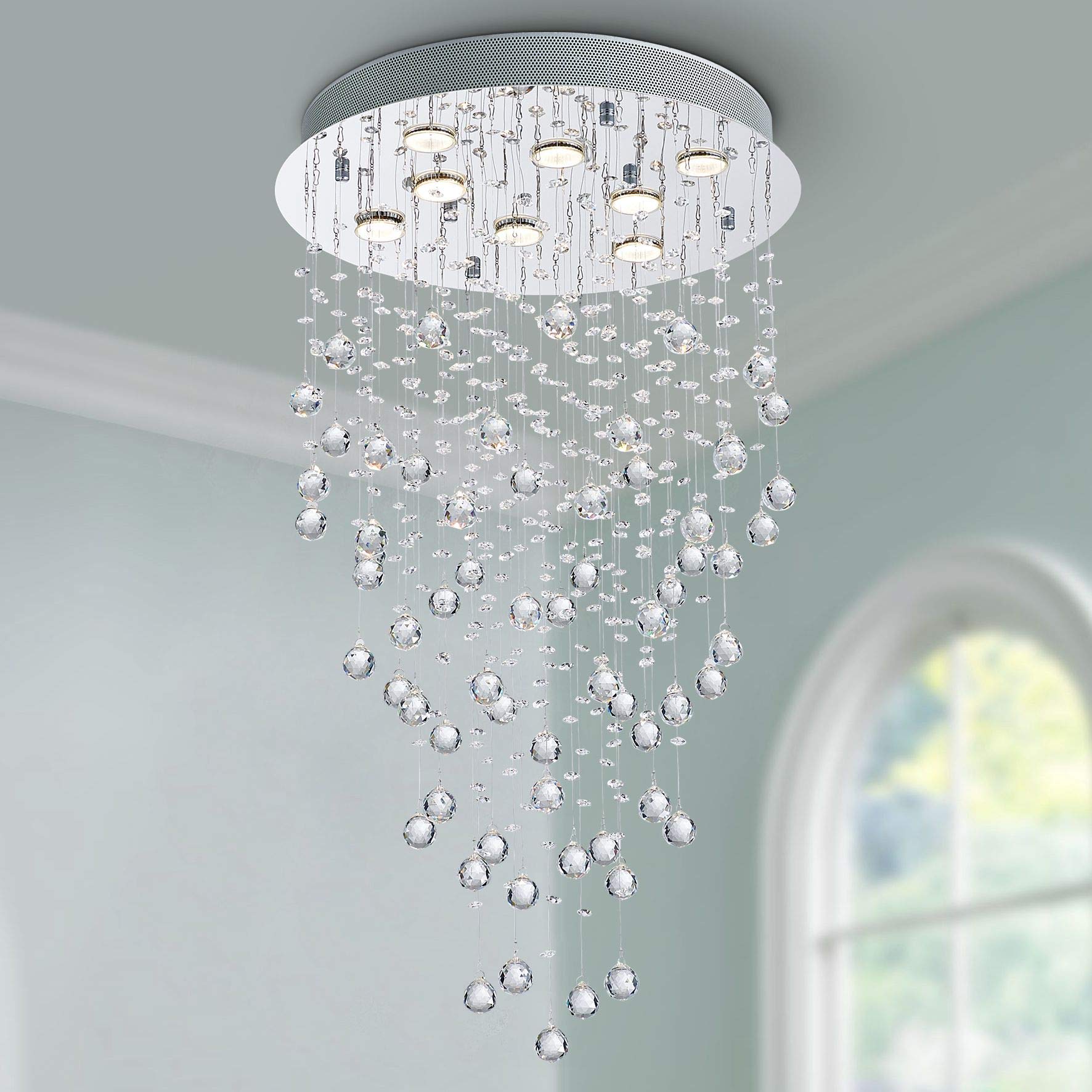 Bestier Crystal Raindrop Chandelier Flush Mount Light Fixture 20in Wide x 34in High Glass, Model AK-AJ-18129, 8 GU10 Bulbs Required