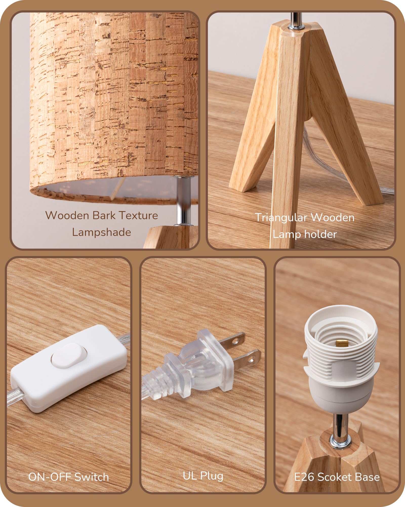 Edishine Small Table Lamp, Wooden Tripod Nightstand Lamp With Bark Linen Shade, Farmhouse Bedside Lamp For Nursery, Bedroom, Kid