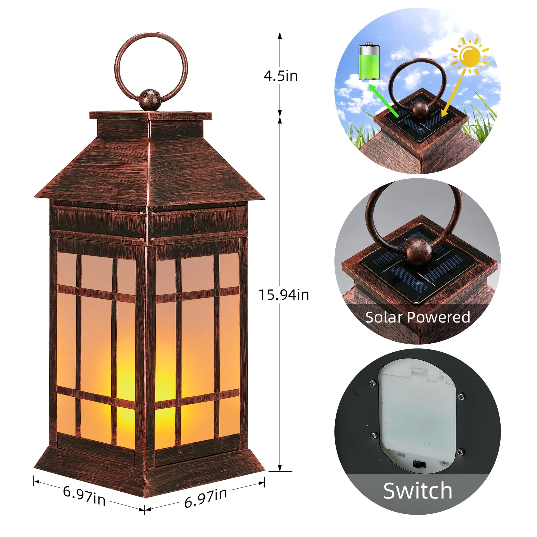 anyperfect Solar Lantern - 18" Waterproof Glass with Flickering Flame - Vintage Copper - Outdoor Decorative for Patio & Garden - Model DL01B
