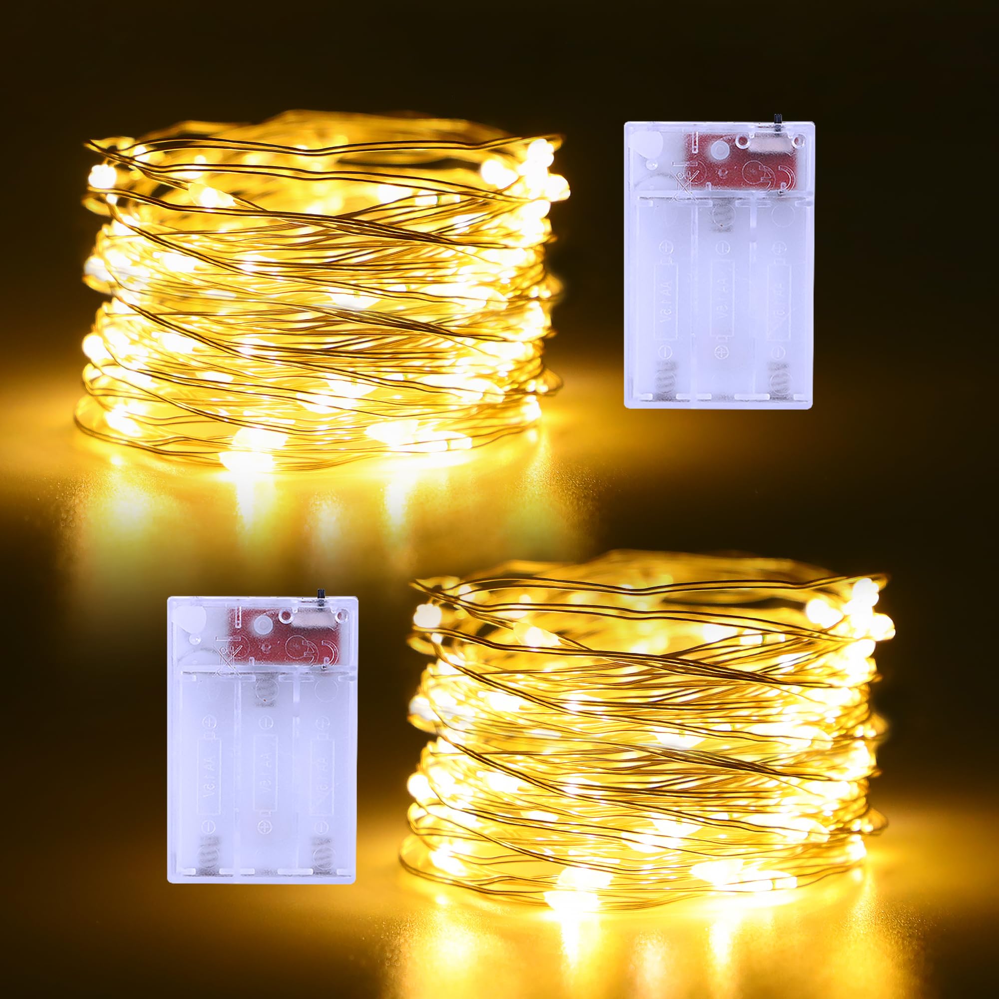 echosari Fairy Lights 2 Pack 16.4Ft 50 LEDs Warm White Copper Wire String Lights for Christmas Wedding Parties