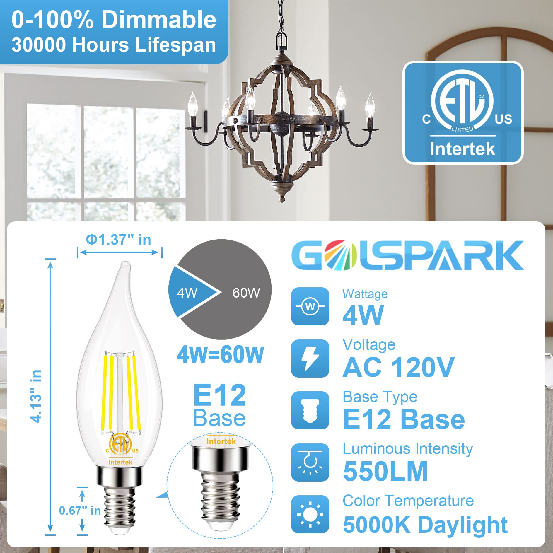 Golspark 10 Pack E12 Candelabra Led Light Bulb 60 Watt Equivalent, 5000K Daylight Tybe B 4W E12 Chandelier Led Light Bulbs, E12