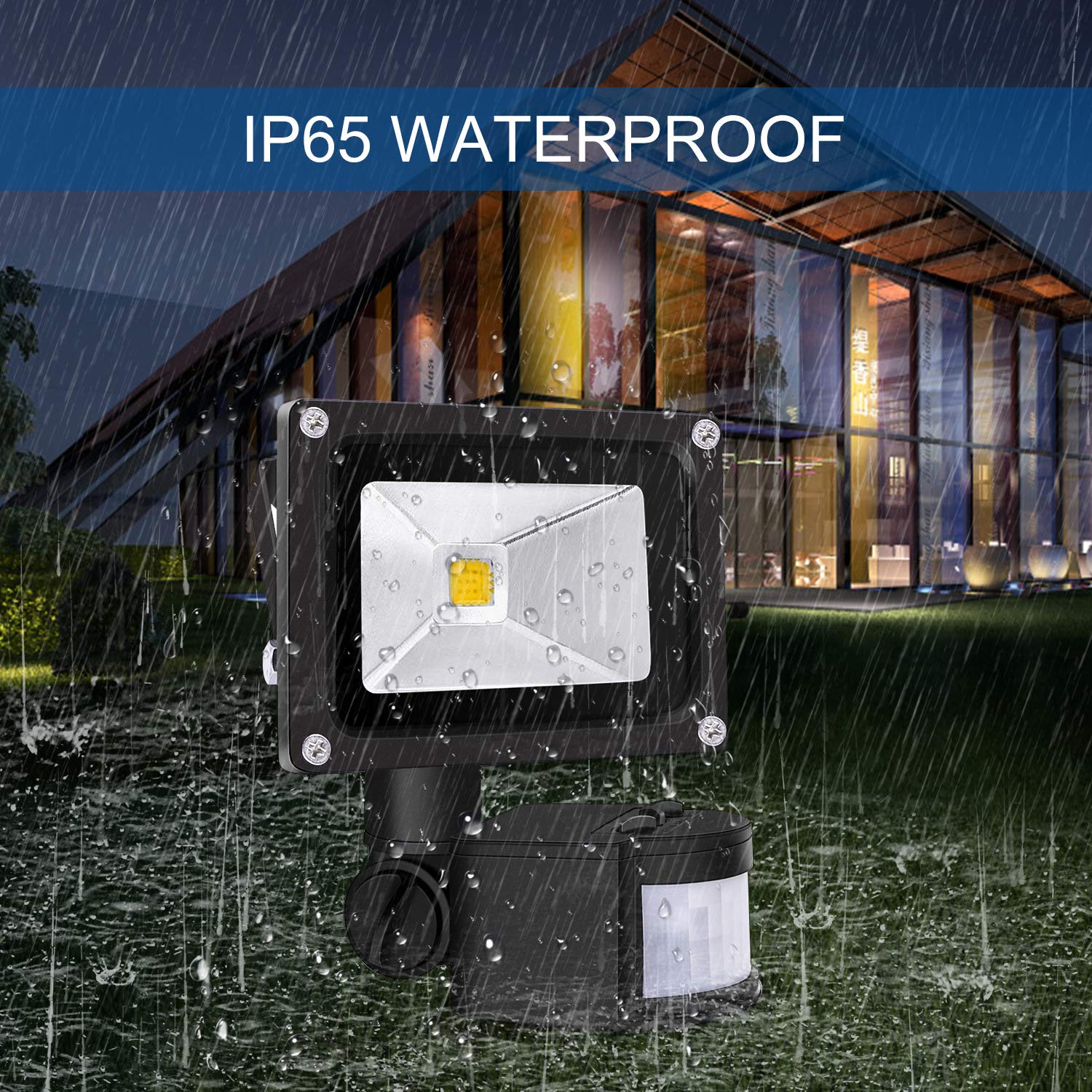 Z Motion Sensor Flood Light, 10W LED, IP65 Waterproof, 3200K, Warm White-Black, Model Z10wganying-NG-touguangdeng-heike