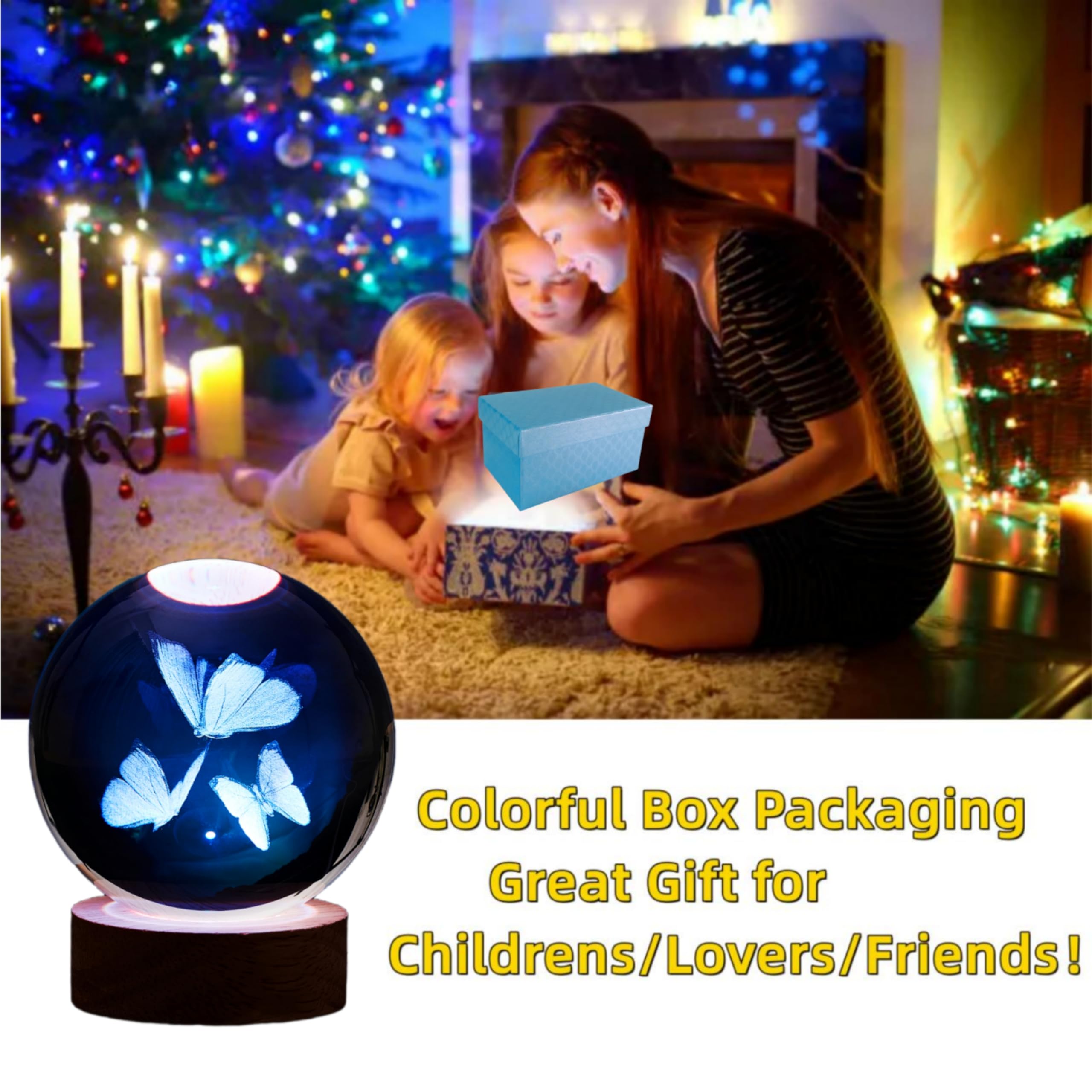Conalisk 3D Butterfly Crystal Ball Lamp with 16 Colors, 3.15 Inch LED Night Light, Remote Control, Home Decor Gift for Friends