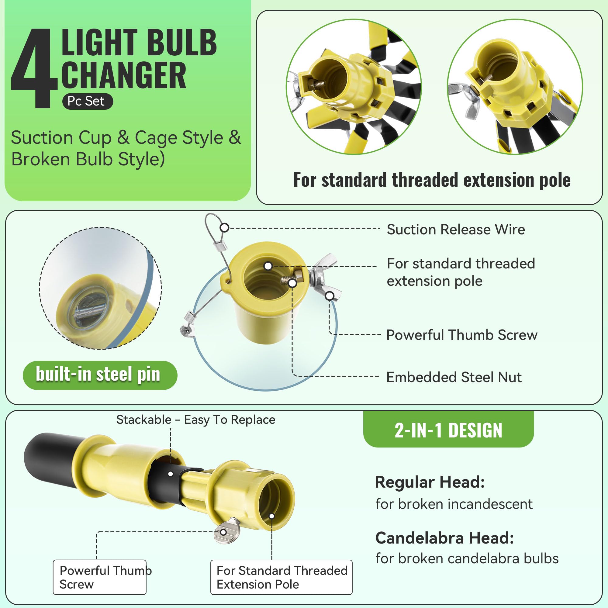 Dreyoo 4 Pieces Set Light Bulb Changer  Suction Cup And Cage Changer For Incandescent  Floodlight  Broken Bulb And Recessed Lights  Compatible With Standard Extension Pole  Pole Not Included (Yellow)