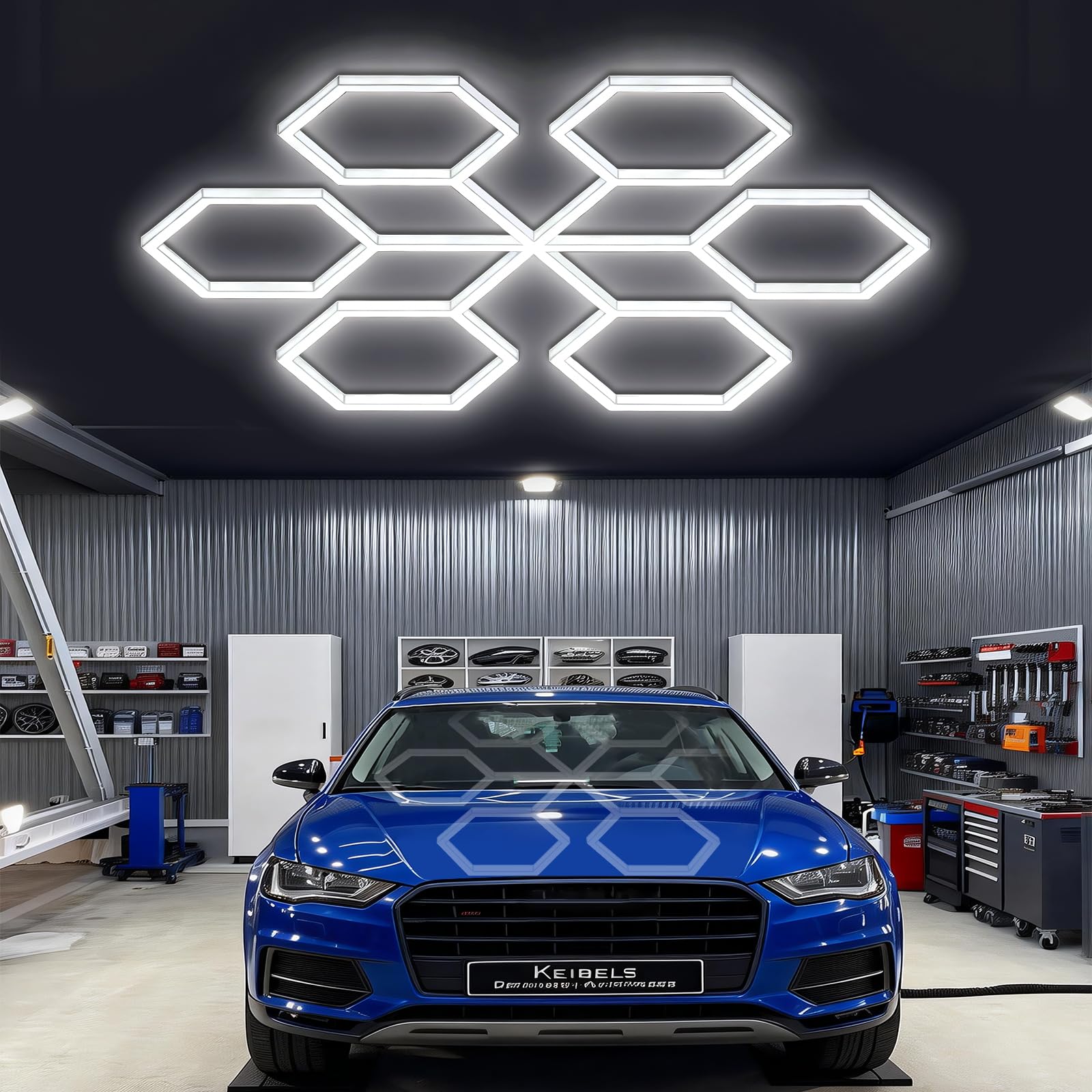Ofenrd Large Hexagon Garage Lights 14 Hex LED Higher Brightness Ceiling Lights with Green Light Rectangle Frame Octagon Honeycomb Lighting for Garage Car Detailing Barber Shop Gym Warehouses.