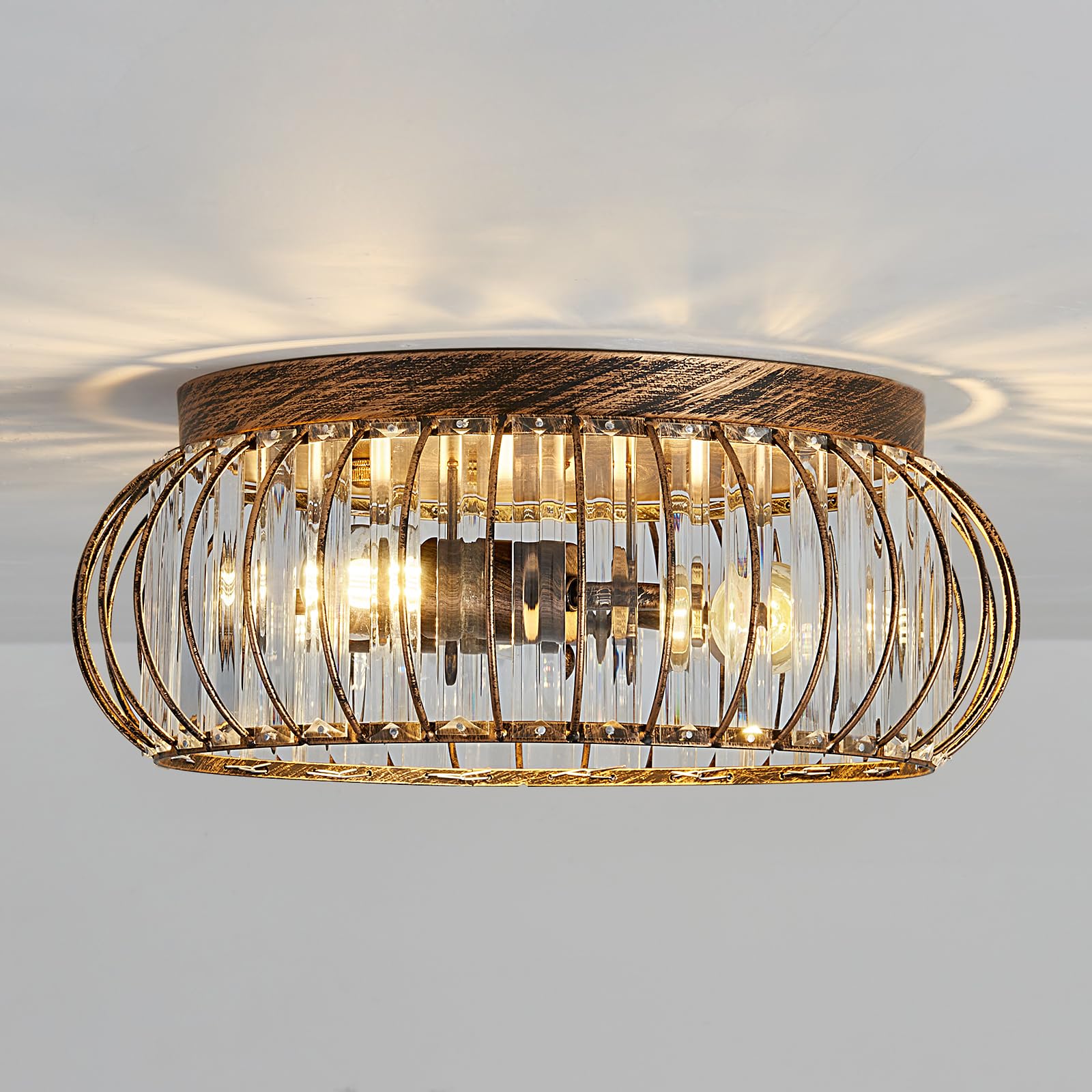 Yyjlx Modern Crystal Flush Mount Ceiling Light, Bronze 3-Light Chandelier For Home Decor