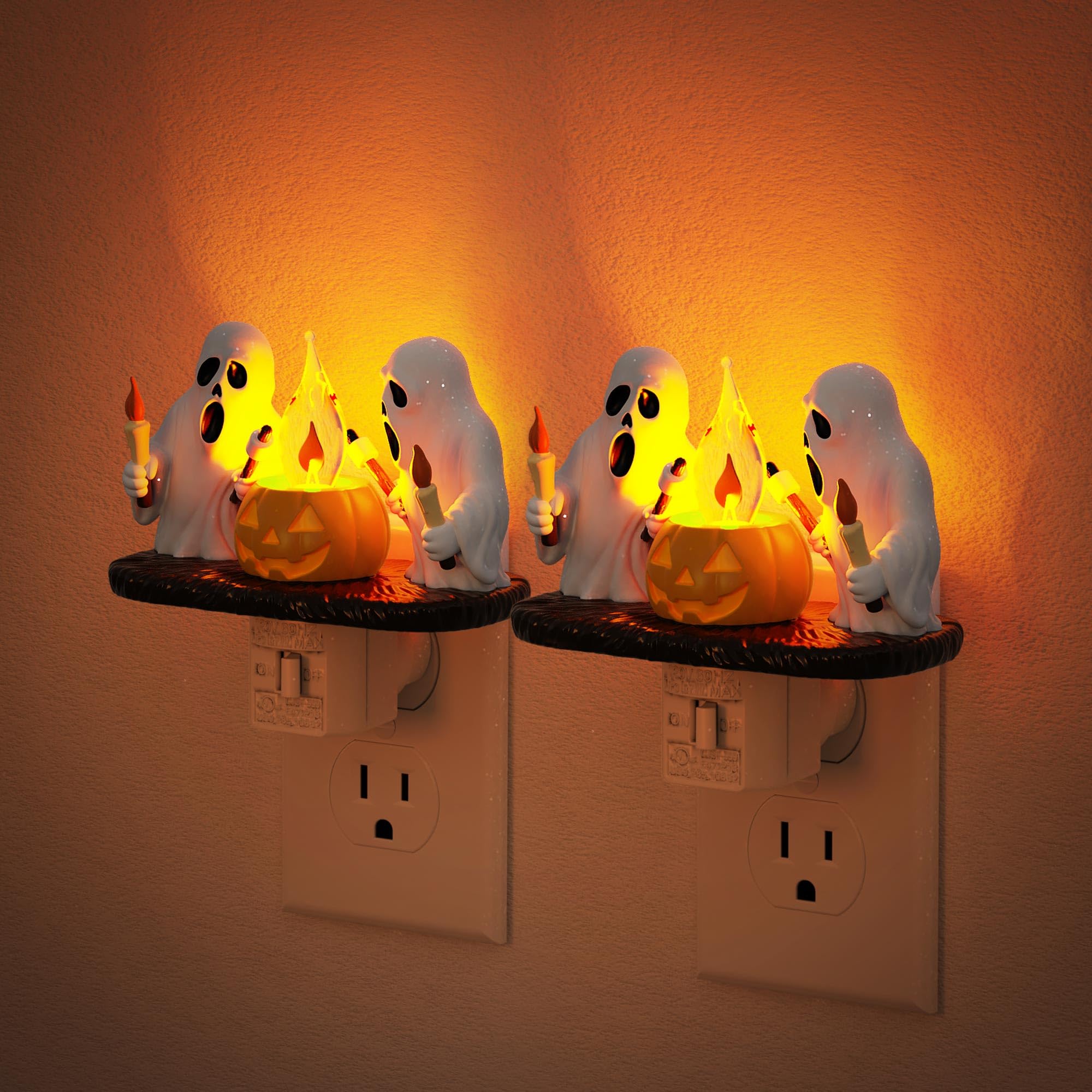 Halloween Night Light,Amber Night Lights Plug into Wall,Cute & Funny Flaming Jumping Night Light,Plug in Ghost & Pumpkin Nightli