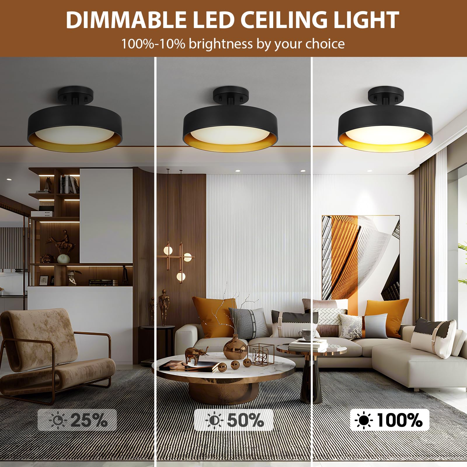 Sunrider Semi Flush Mount Ceiling Lights, 12 Inch 25W Led Ceiling Light Fixture Black For Hallway Kitchen, Gold Inside, 5000K Da