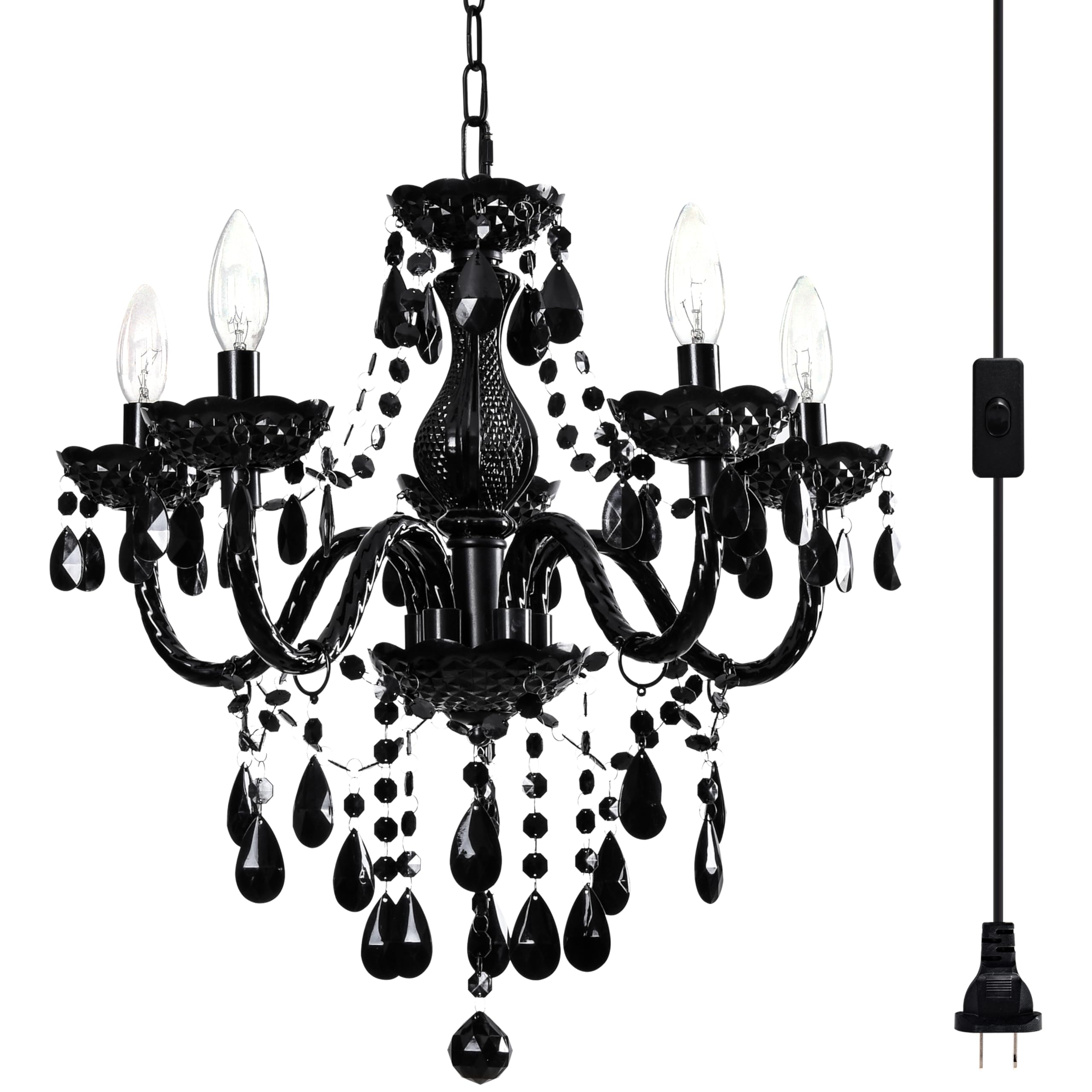 Black Modern 5-Light Crystal Chandelier Acrylic Hanging Pendant Light With Plug-In Cord & Switch, 19X19.7 Inch For Kitchen Islan