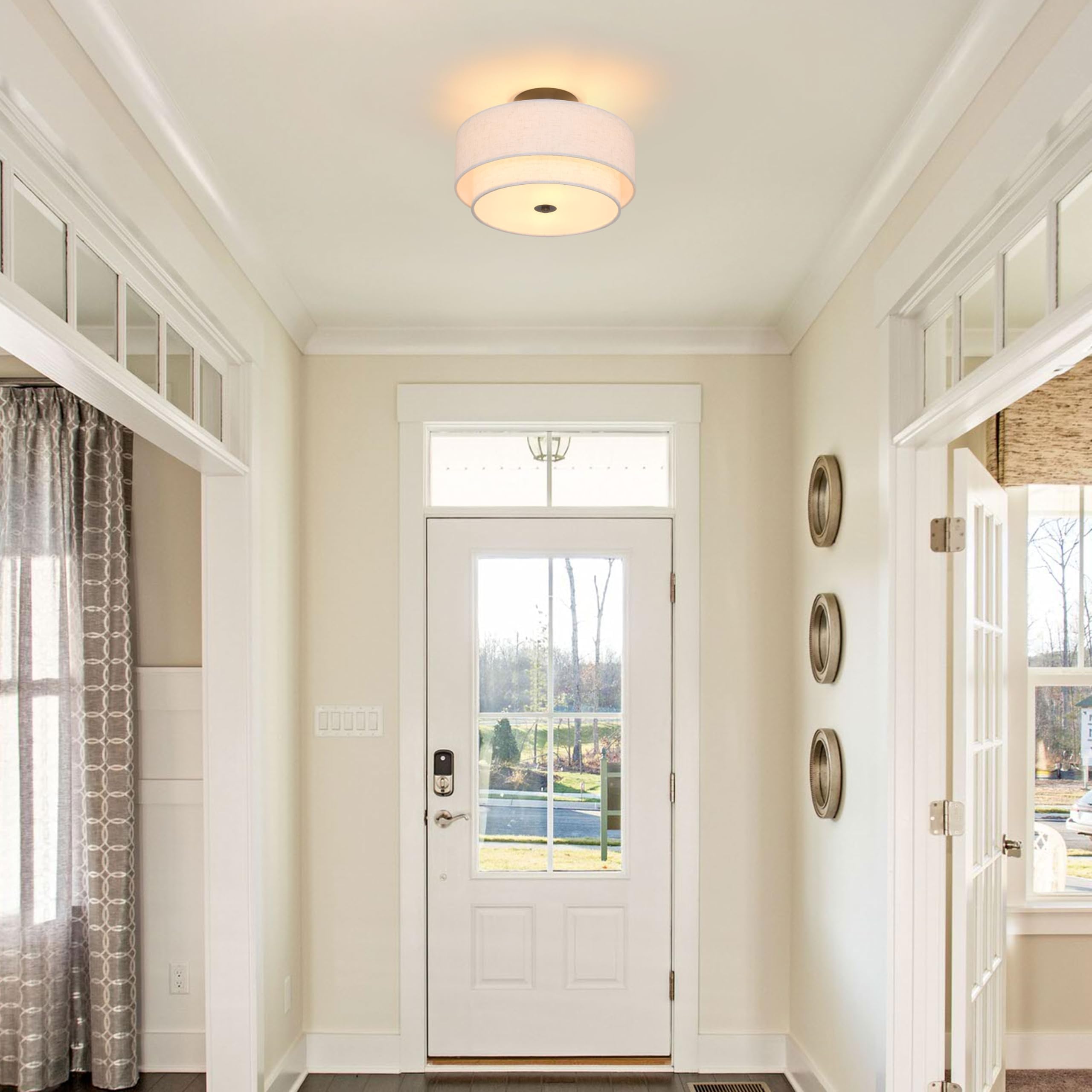 2 Light Semi Flush Mount Ceiling Light Fixture 12.6 Inch Modern Black Drum Ceiling Light Fixture With 2-Layer Fabric Shade Dimma