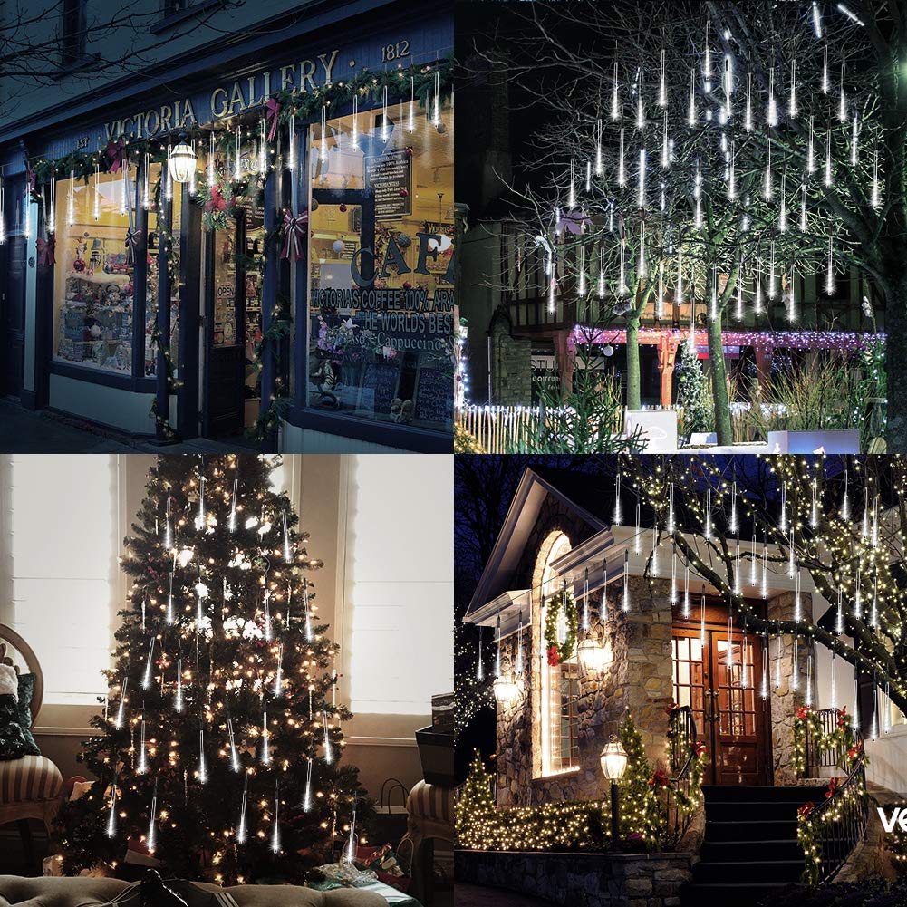 Jjgoo Christmas Lights Outdoor  Meteor Shower Rain Lights 10 Tube 12 Inch 240 Leds Icicle Raindrop Light For Xmas Tree Halloween Holiday Decoration  White