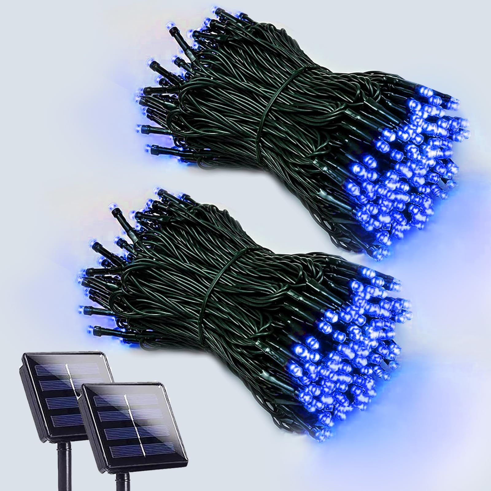 EEW 200 LED Solar String Lights, Waterproof Green Wire, 8 Lighting Modes, 2 Pack, Blue, Model CAIYUAN-100