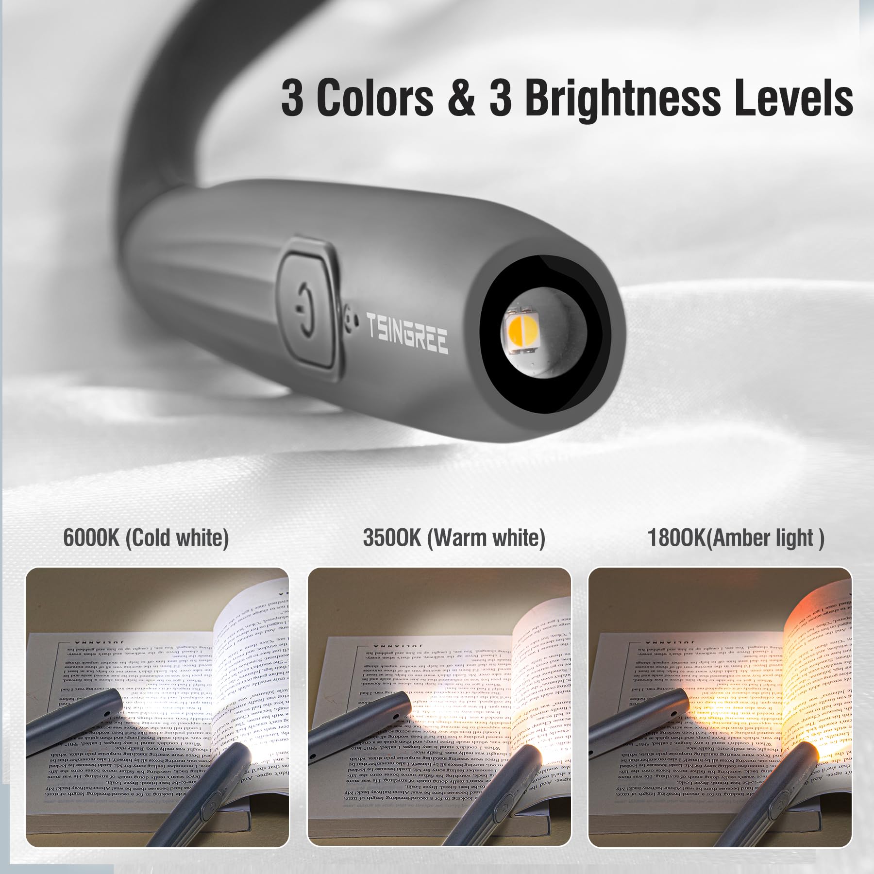 TSINGREE LED Neck Reading Light, Rechargeable, 3 Colors & Brightness, Phantom Gray, Model TNBL3