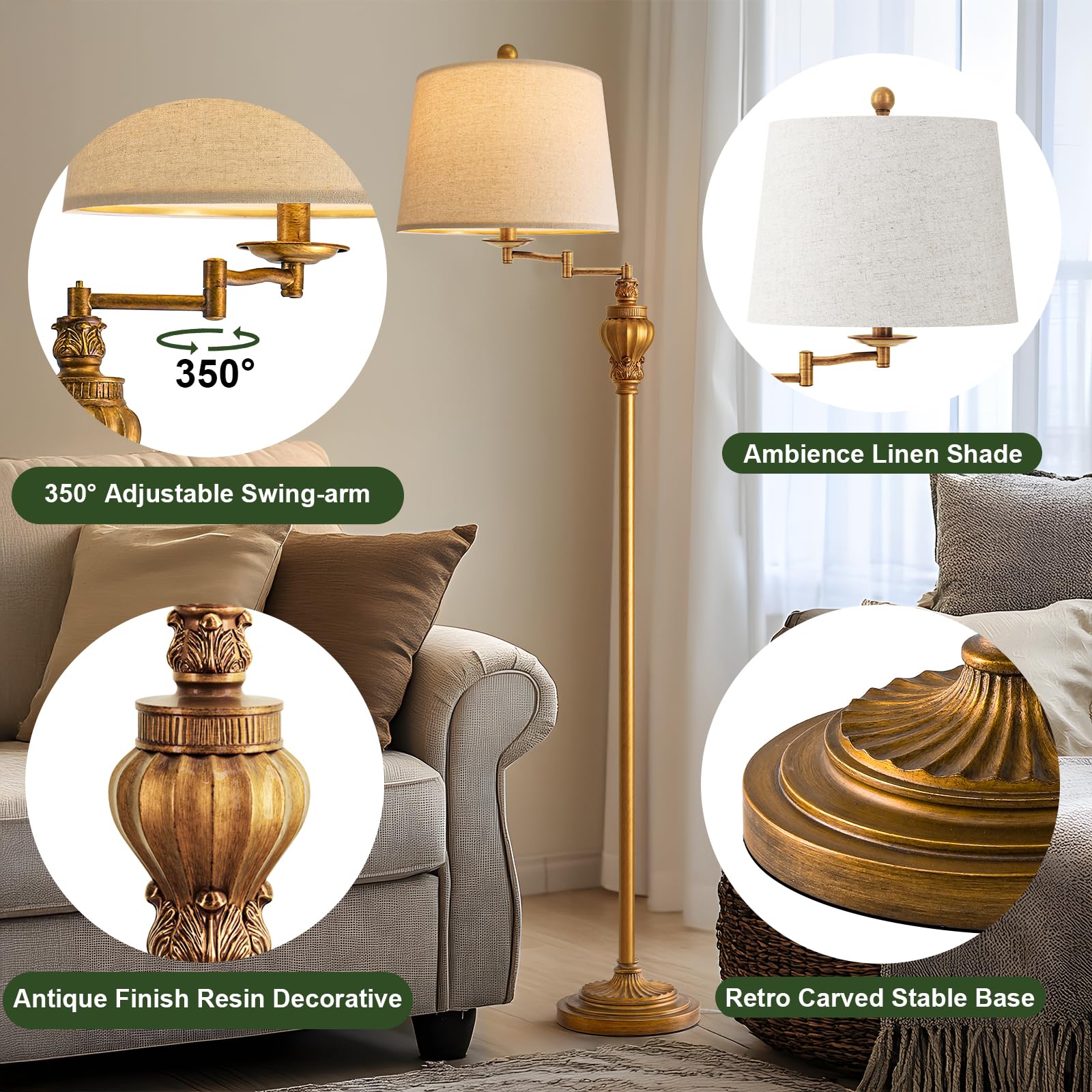 G-SAFAVA 61" Vintage Floor Lamp, Antique Gold, Adjustable Swing Arm, Retro Farmhouse Style, Model AMZ-F1217AG-XW