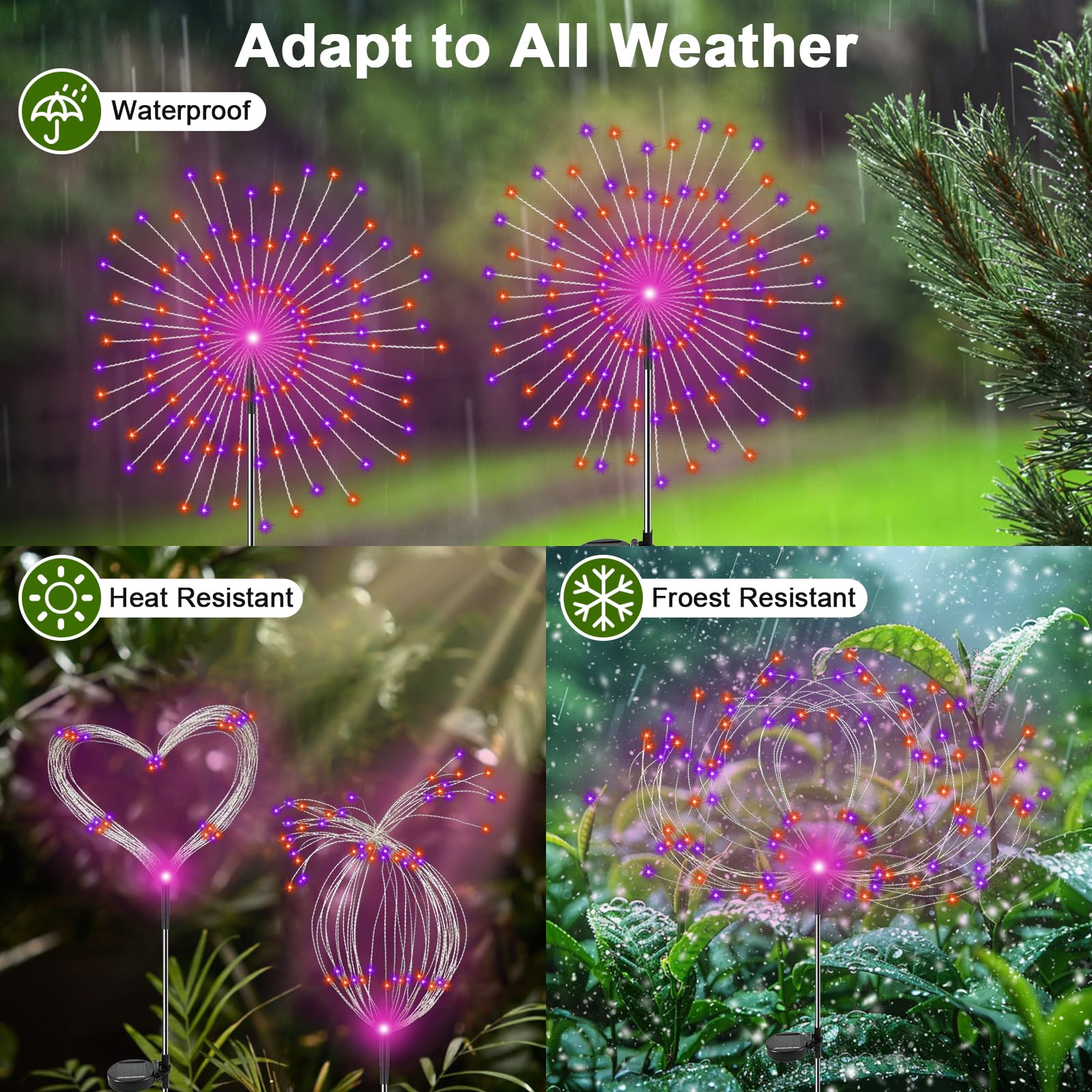 YaaFen Solar Garden Lights Outdoor, 2 Pack 120 LED, Waterproof Starburst Light, Purple + Orange