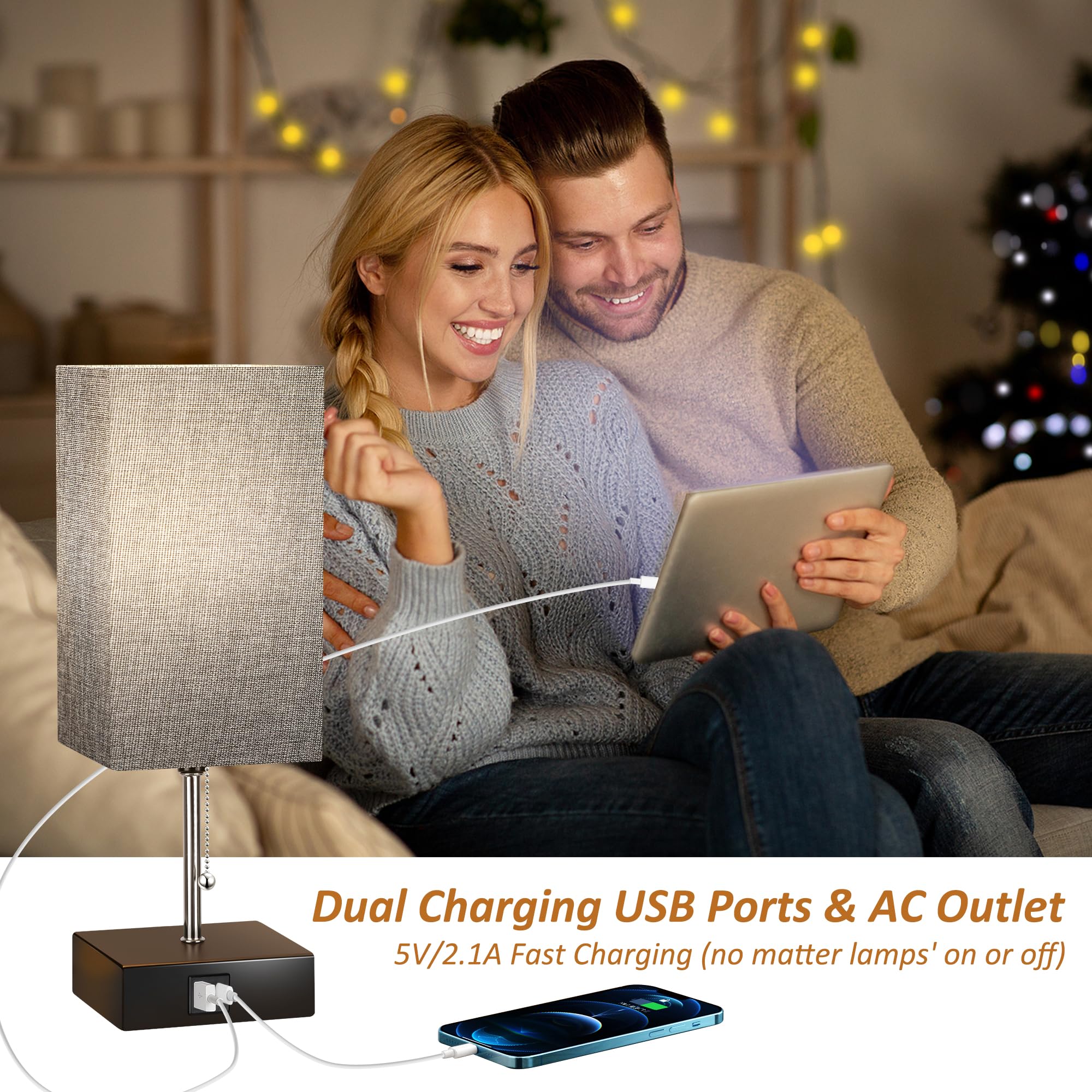 Wihtu 3 Color Temperature Bedside Lamp With Usb C And Usb A Ports Grey Table Lamps For Bedroom Nightstand Small Lamps Bed Lamp D