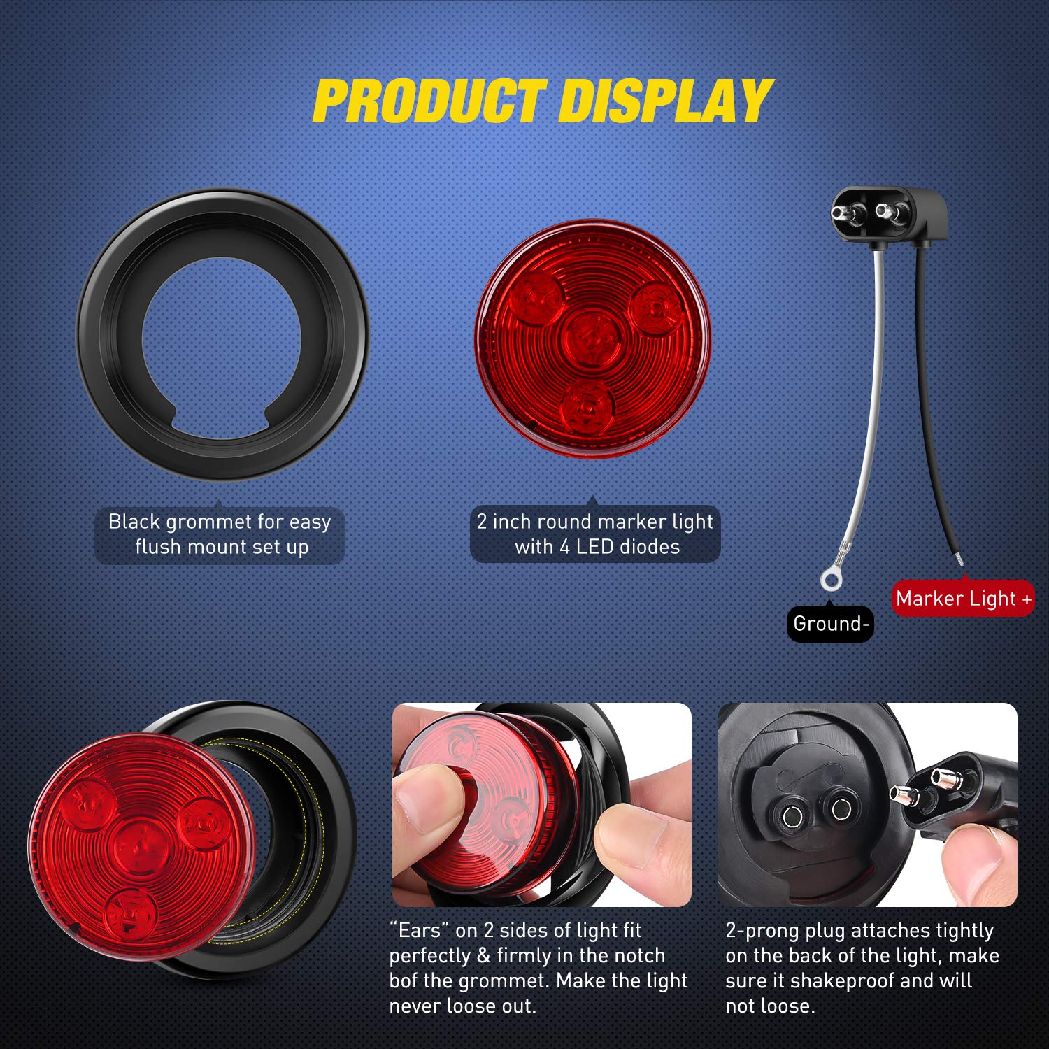 Nilight 5PCS Red Round Trailer LED Marker Clearance Light 4 LED Flush Mount with Plug Grommet Pigtail Hardwired for Trailer Truc