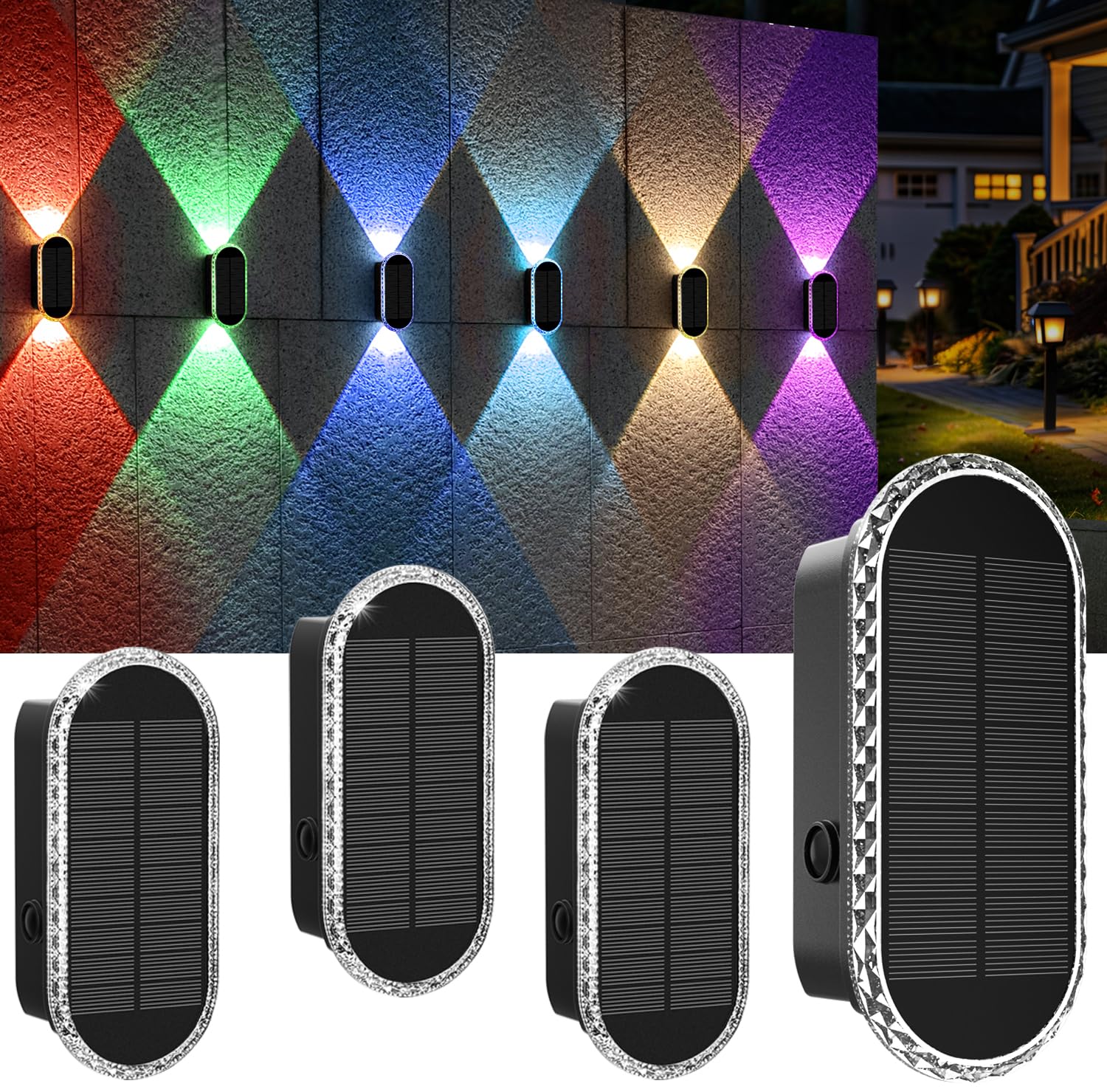 BlueYang Solar Fence Lights - Warm White & RGB, 8 Modes, Waterproof, Dual-Head, 4PK, Model 2403-4pk-C, Plastic