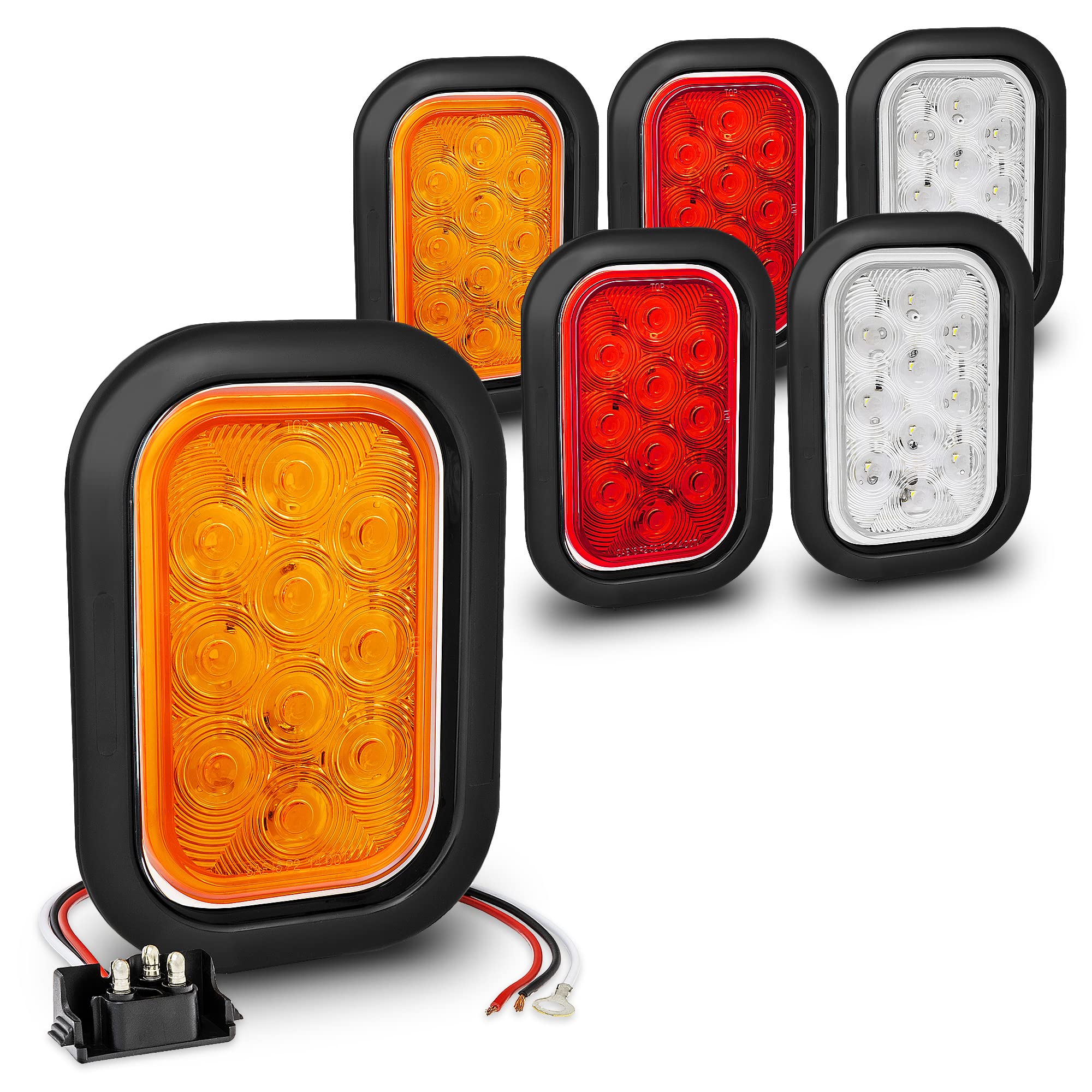 True Mods 2 Red + 2 Amber + 2 White 5X3 3X5 Inch Led Trailer Tail Light Kit [Dot Fmvss 108] [Grommets/Plugs] [Submersible] [Stop Turn Tail Reverse] [10 Led] Brake Lamp For Tow Truck 80&quot; Wide Trailer