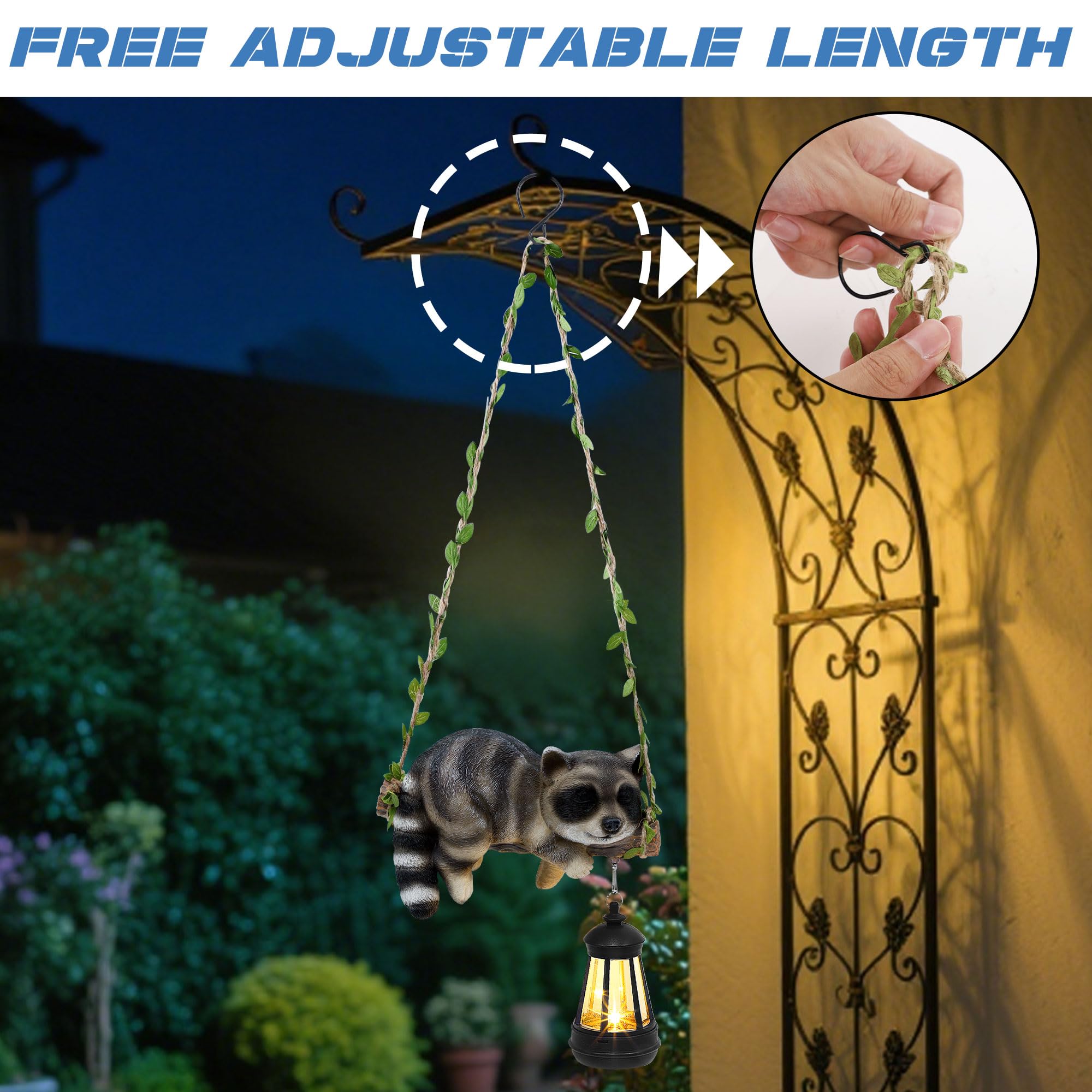 ZaaYee Solar Lighted Garden Statue, 20.1in Hanging Raccoon with LED Lantern, Brown Resin Figurine, Model LIERCN