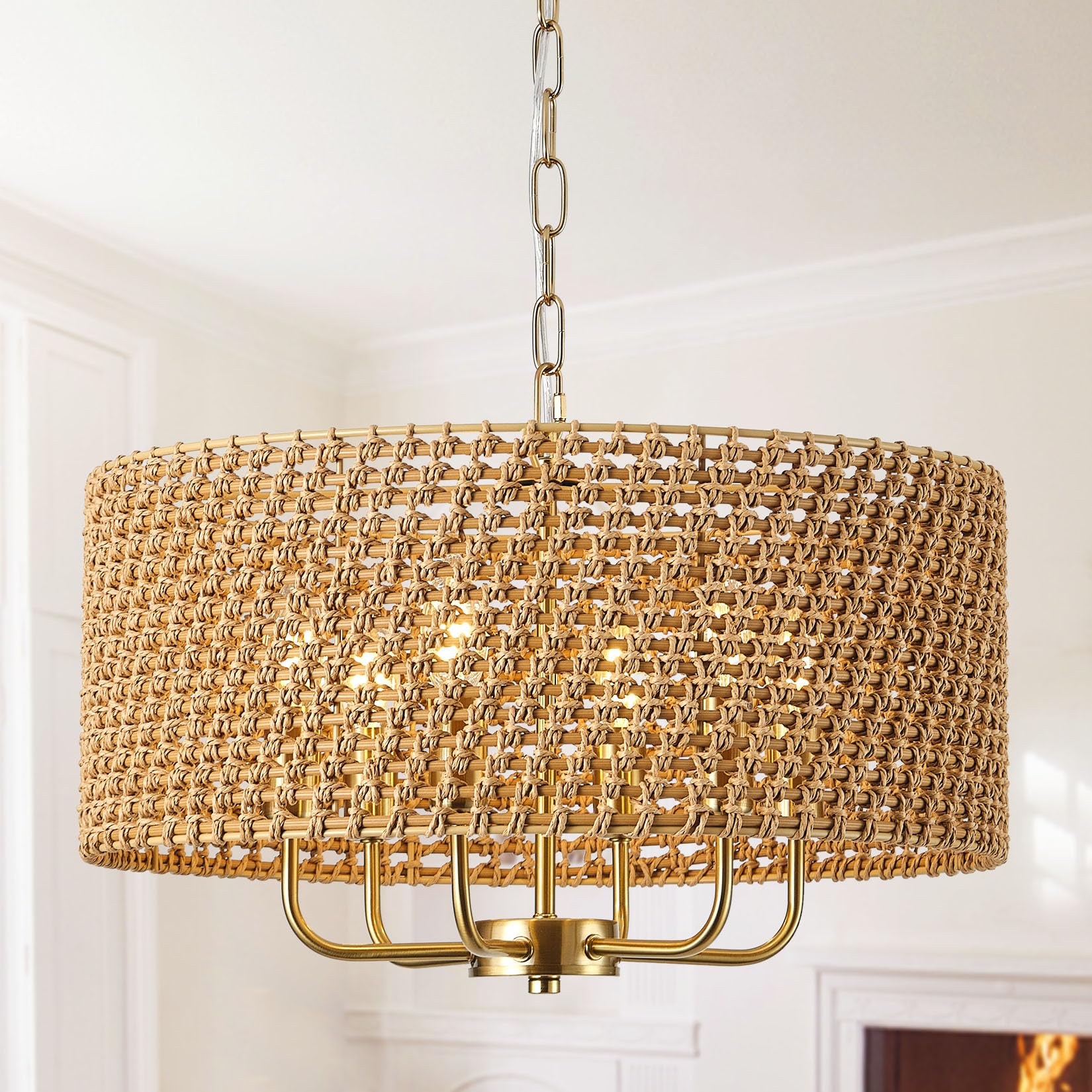 Giutna 20'' Large Boho Rattan Chandeliers For Dining Room, 6-Light Rattan Hand-Woven Drum Wicker Farmhouse Chandelier Large Vint