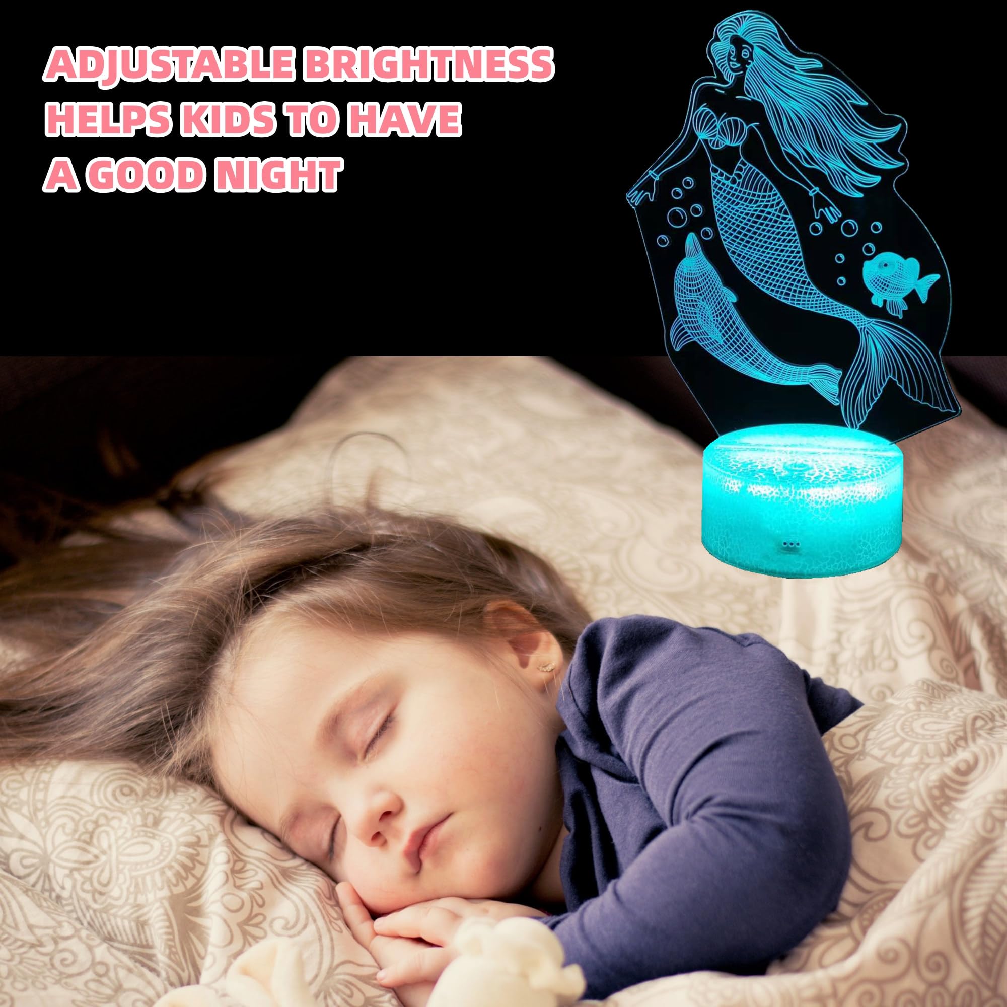 Kenmaca Mermaid Night Light For Girls Bedroom, 3D Illusion Led Lamp, 2 Patterns 16 Colors Changing Dimmable Room D  Cor Bedside,